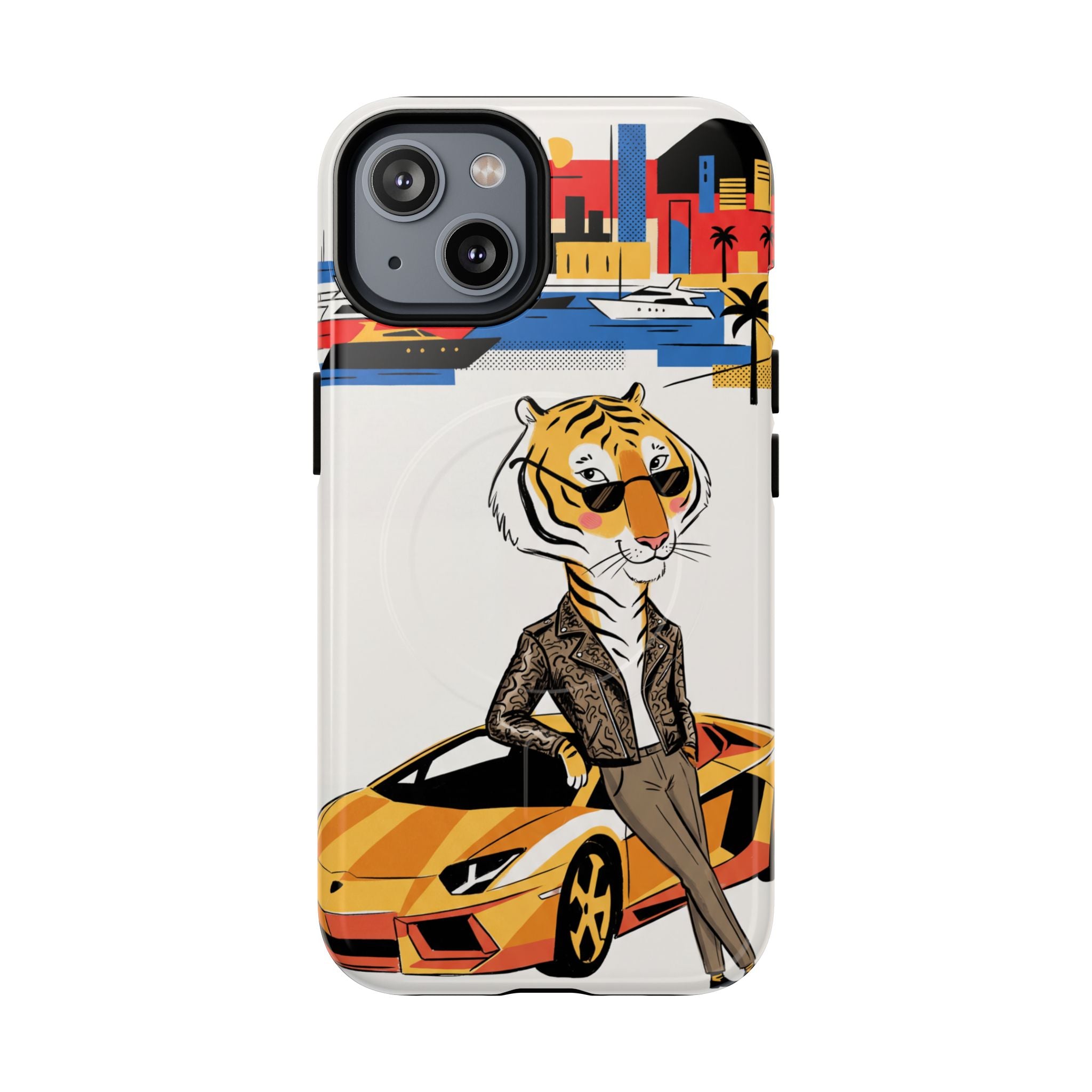 Stylish Tiger with Sports Car Illustration MagSafe iPhone Case