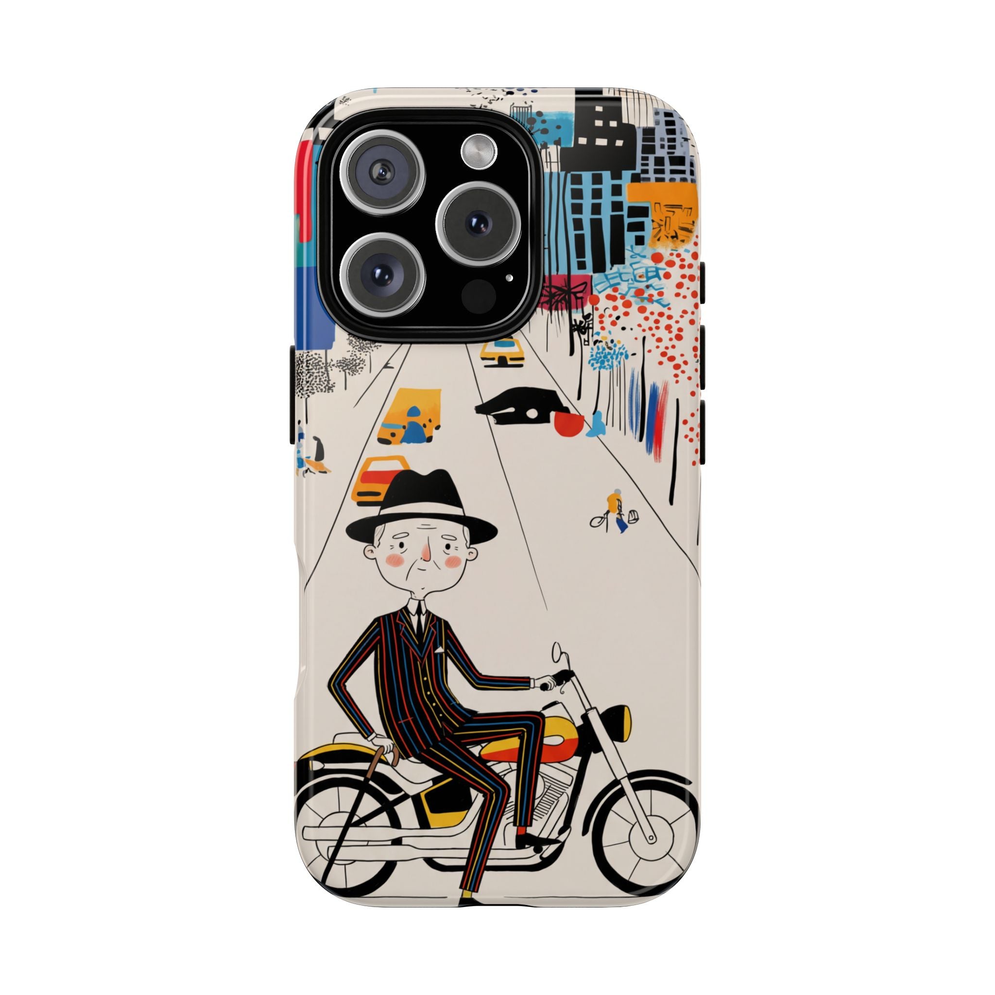 Vintage Grandpa Rider Motorcycle iPhone Case | Illustrated Cityscape