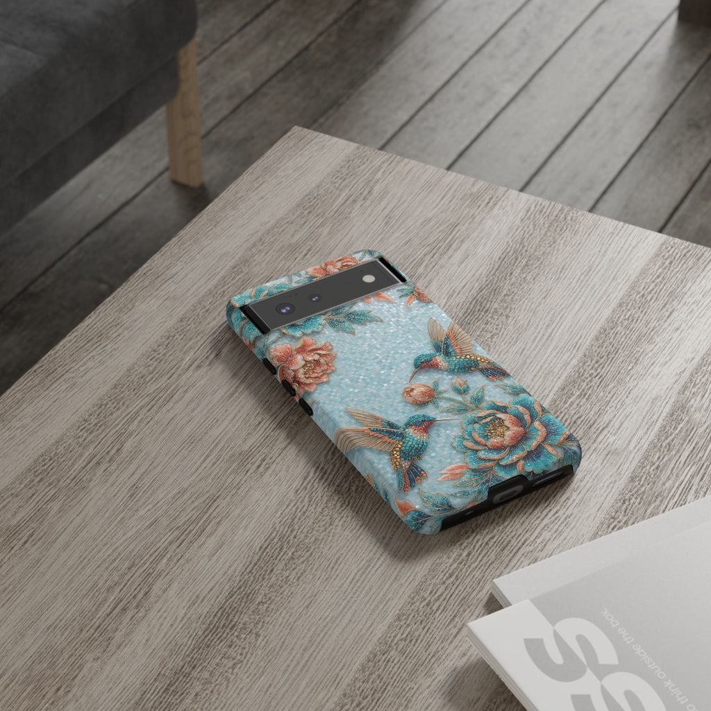 Cover per telefono Google Pixel "Hummingbird Floral Tough" | Design vintage floreale blu