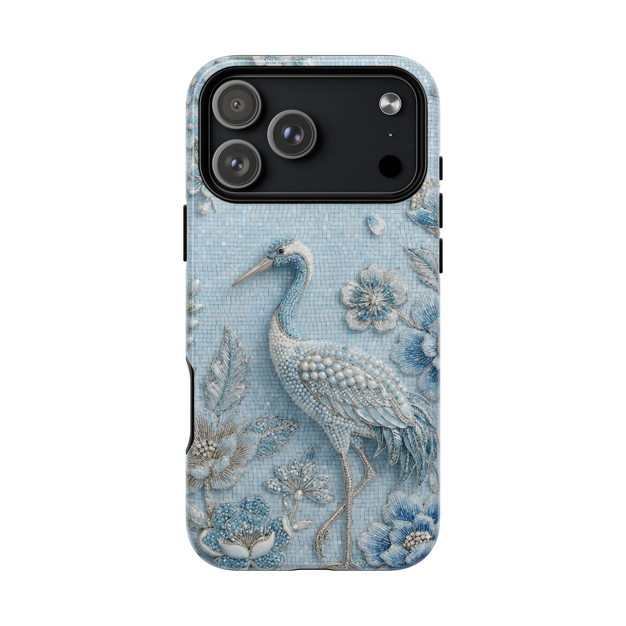 Blue Crane Floral MagSafe iPhone Case | Vintage Embossed Bird Design