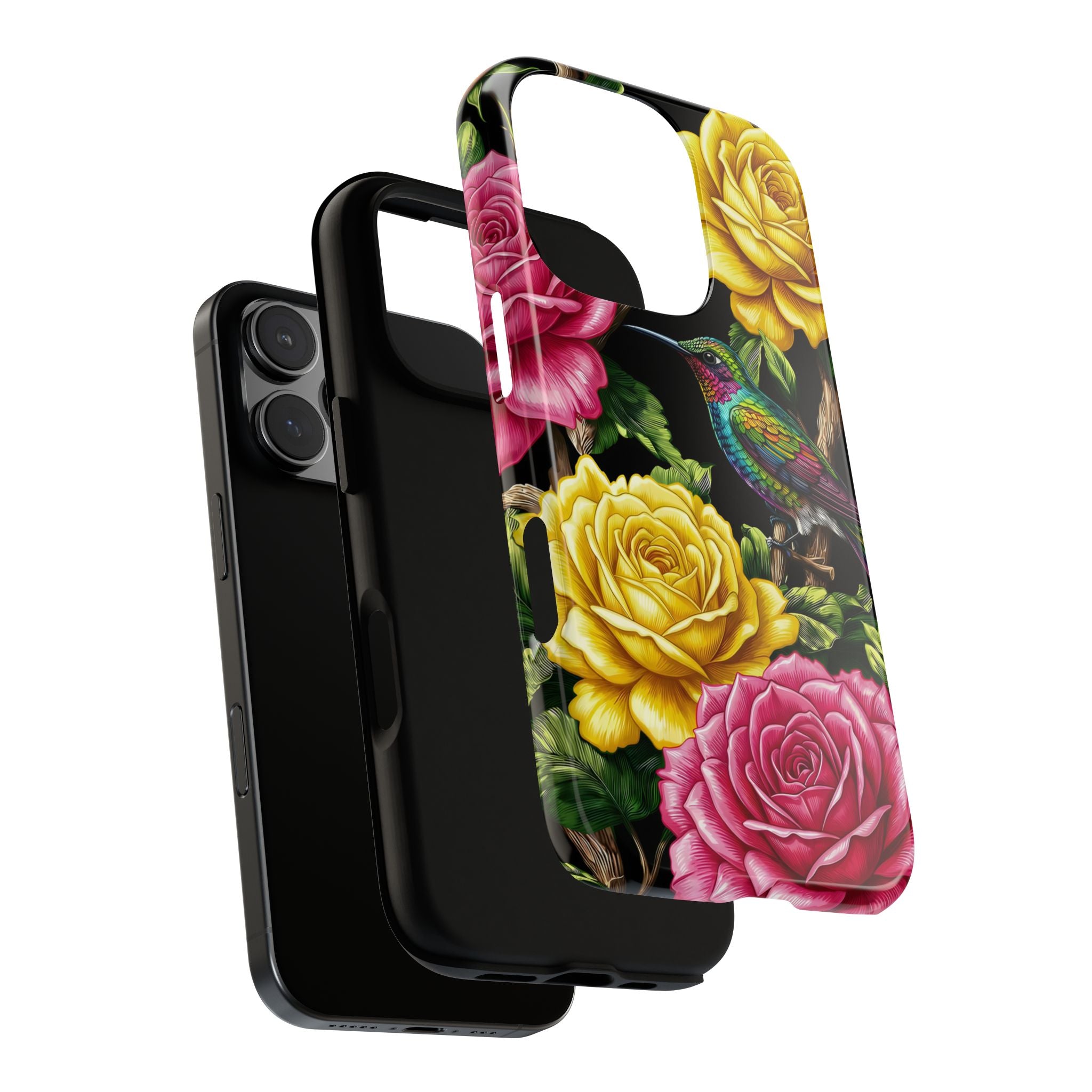 Cover iPhone Robusta Colibrì Floreale | Protezione Vibrante da Giardino Rosa e Giallo