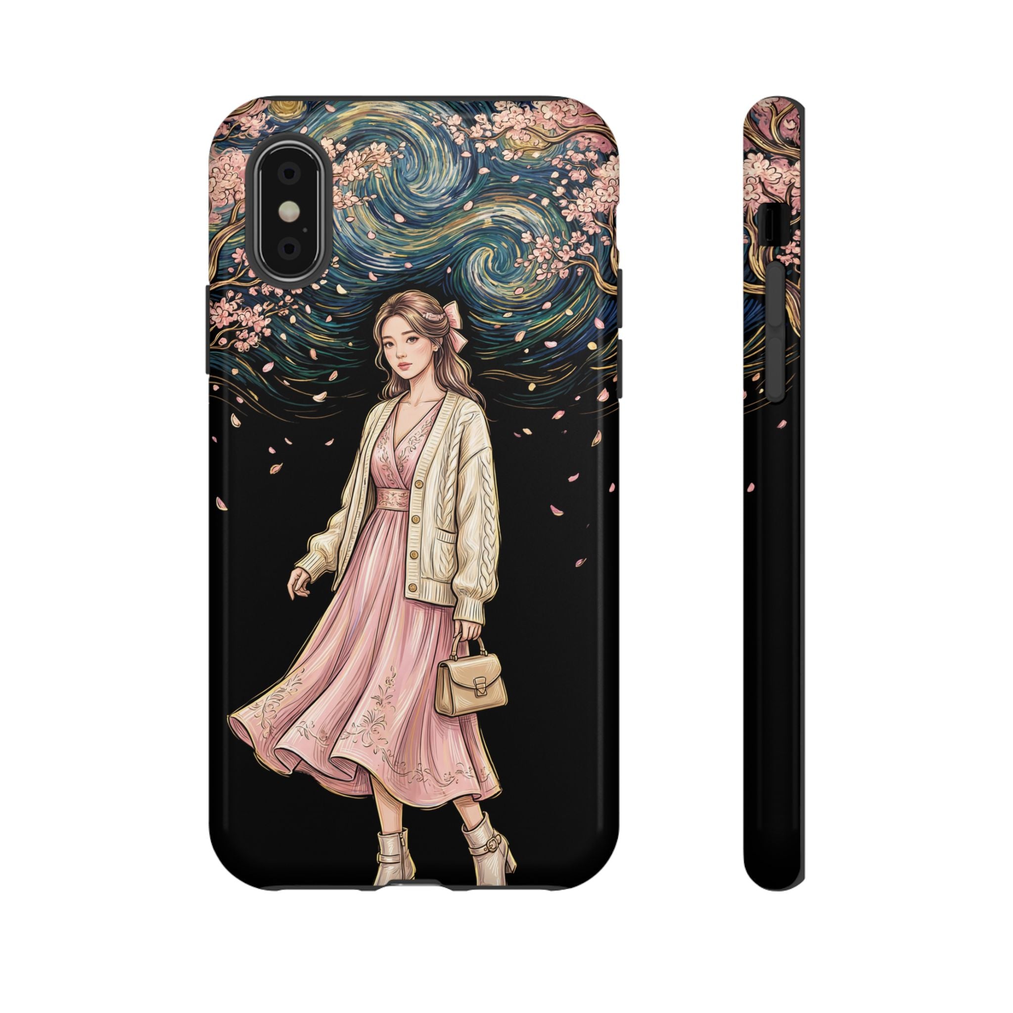 Floral Starry Night iPhone Case | Elegant Girl in Pink Dress