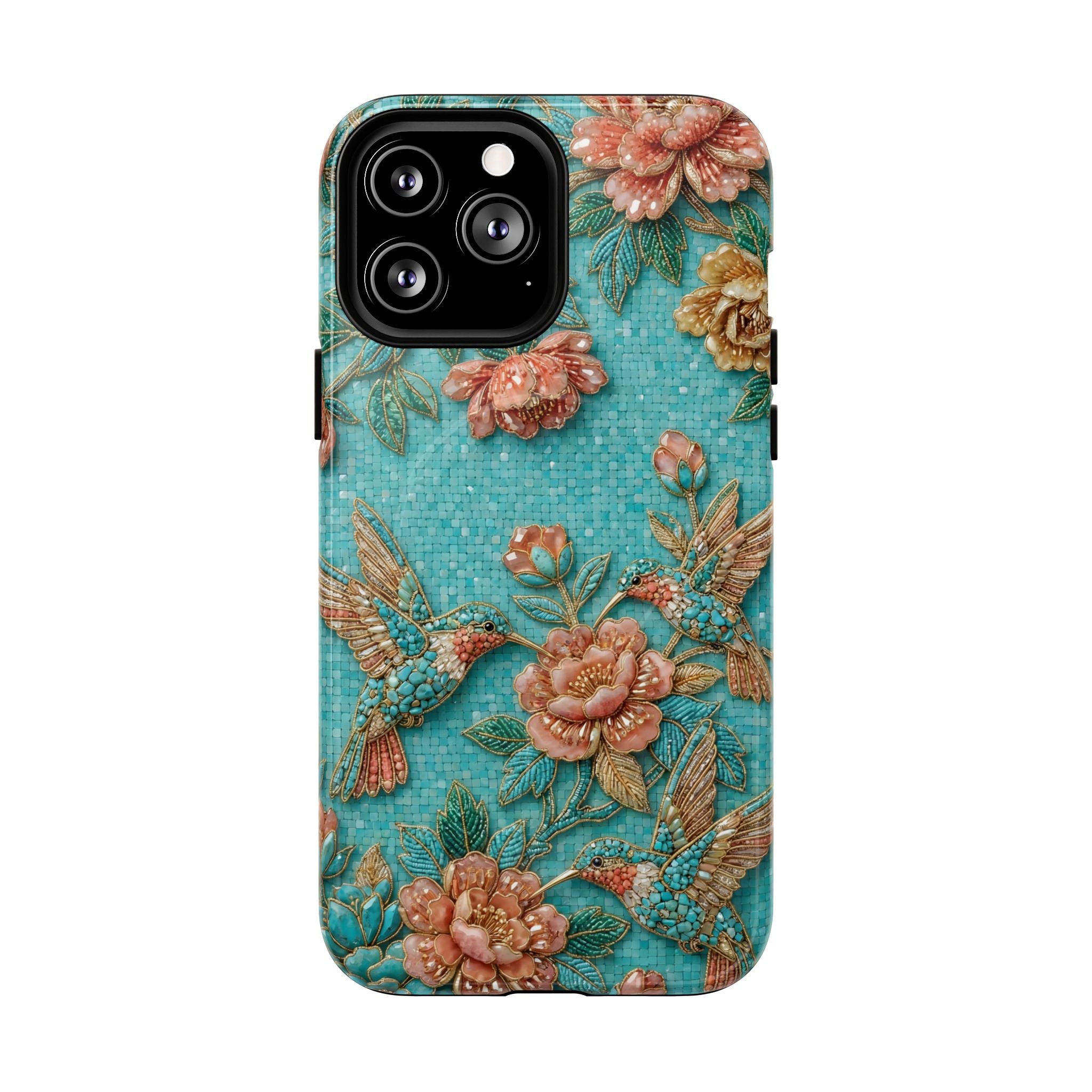 Floral Hummingbird Tough MagSafe iPhone Case | Turquoise Embroidered Garden Design