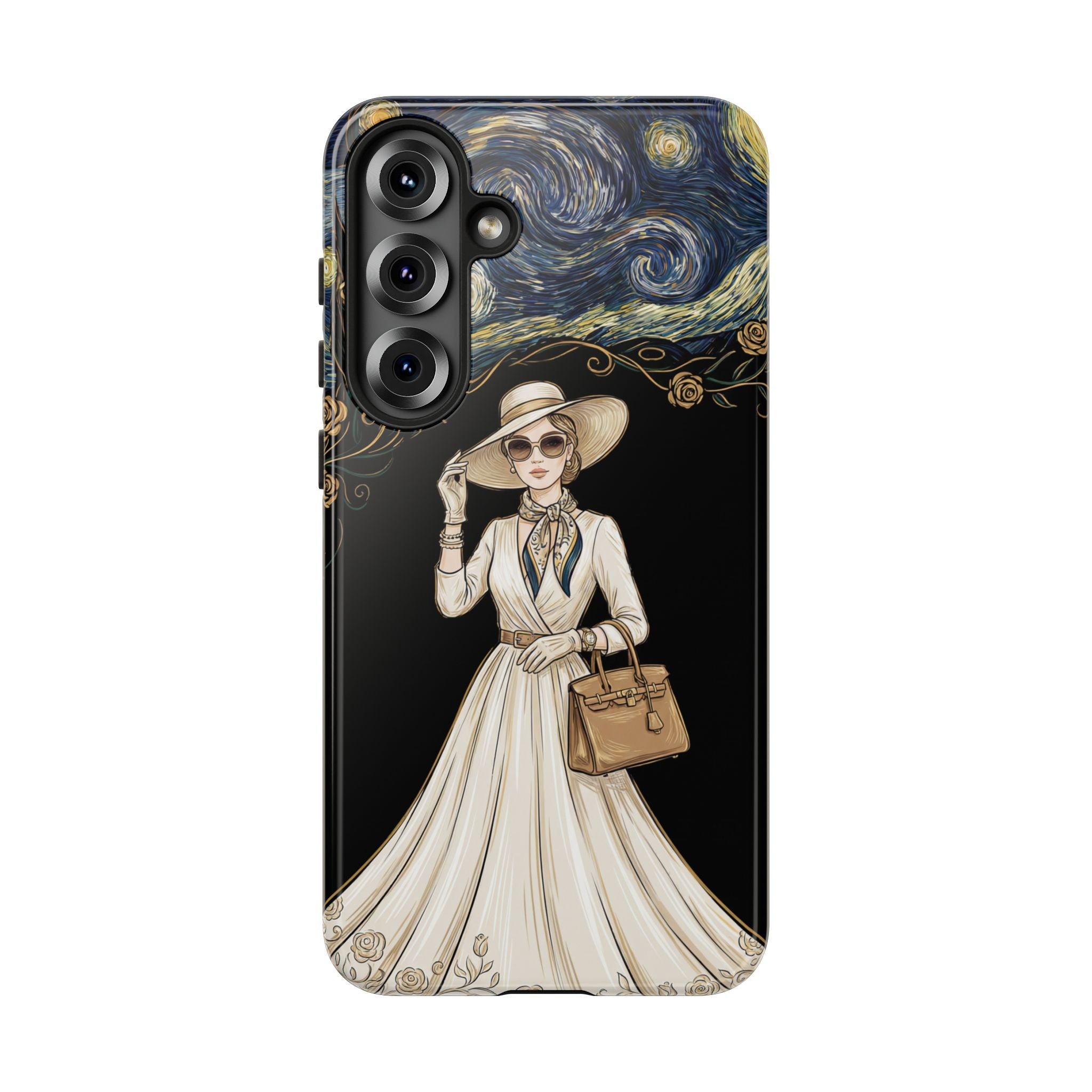 Vintage Starry Night Fashion Samsung Galaxy Phone Case | Elegant Lady in White Dress