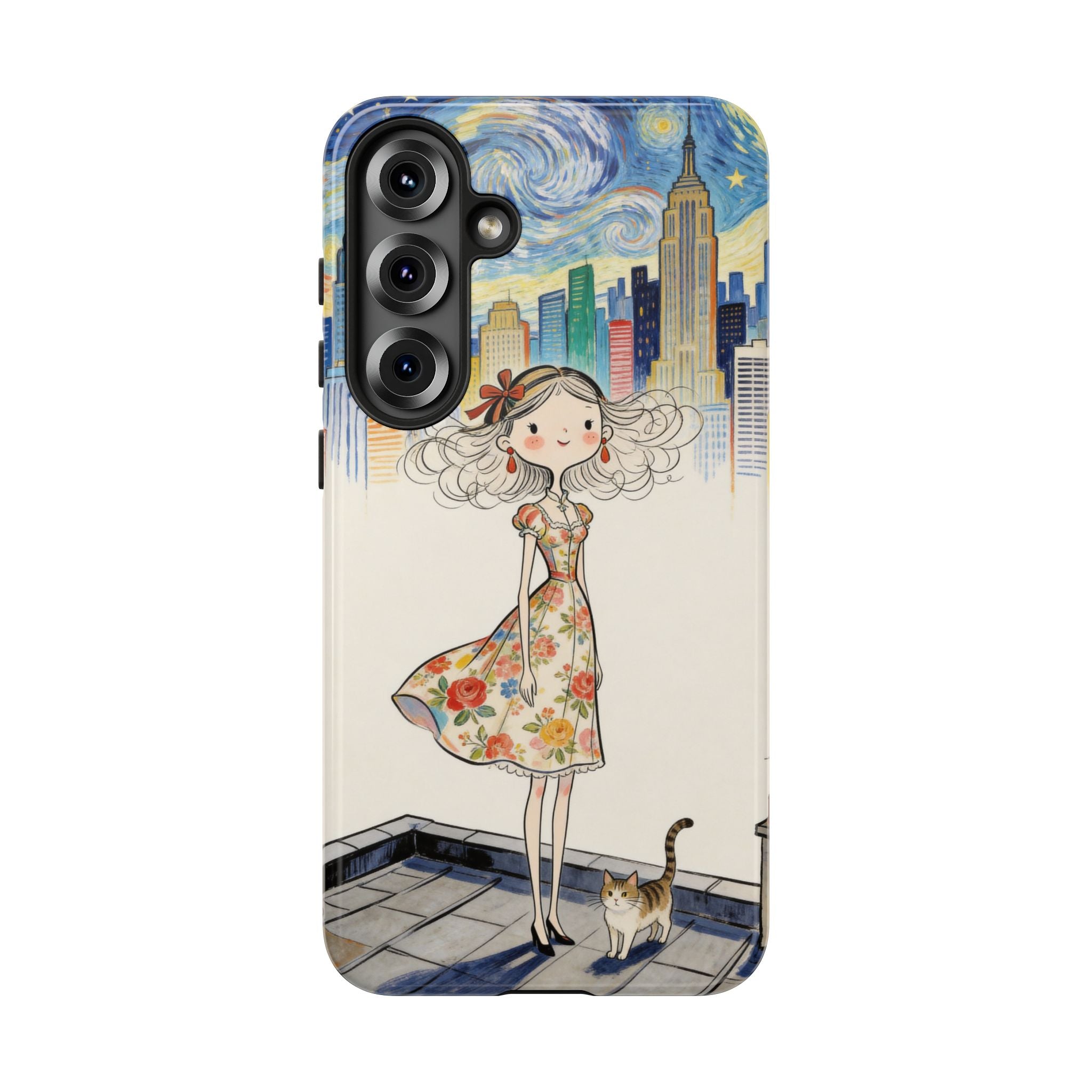 Artistic Girl Cityscape Samsung Galaxy Phone Case | Cute Floral Dress Rooftop Design