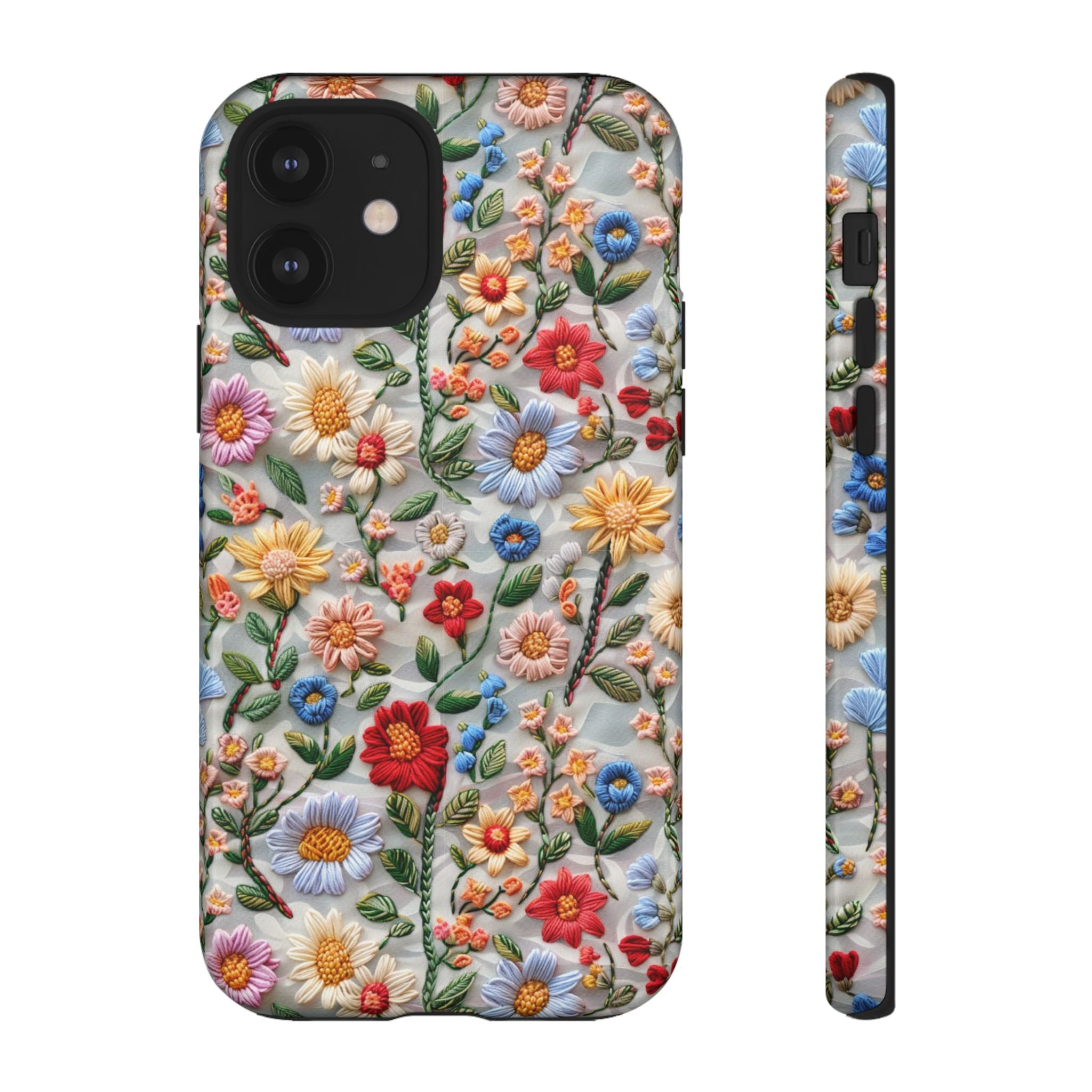 Floral Embroidered Pattern Tough iPhone Case — Colourful Daisy & Wildflower Design
