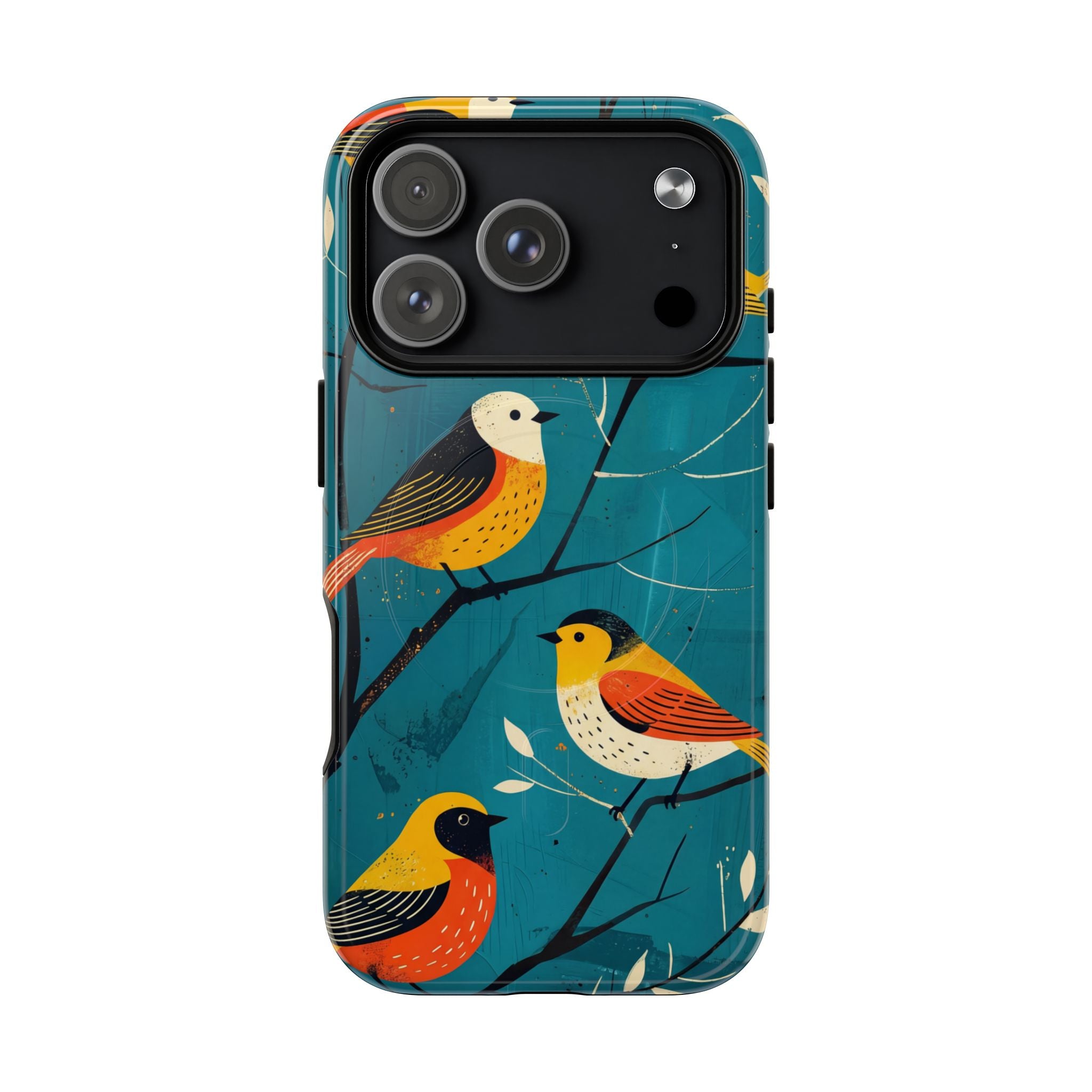 Bird Pattern Tough MagSafe iPhone Case | Colourful Songbirds on Teal Background