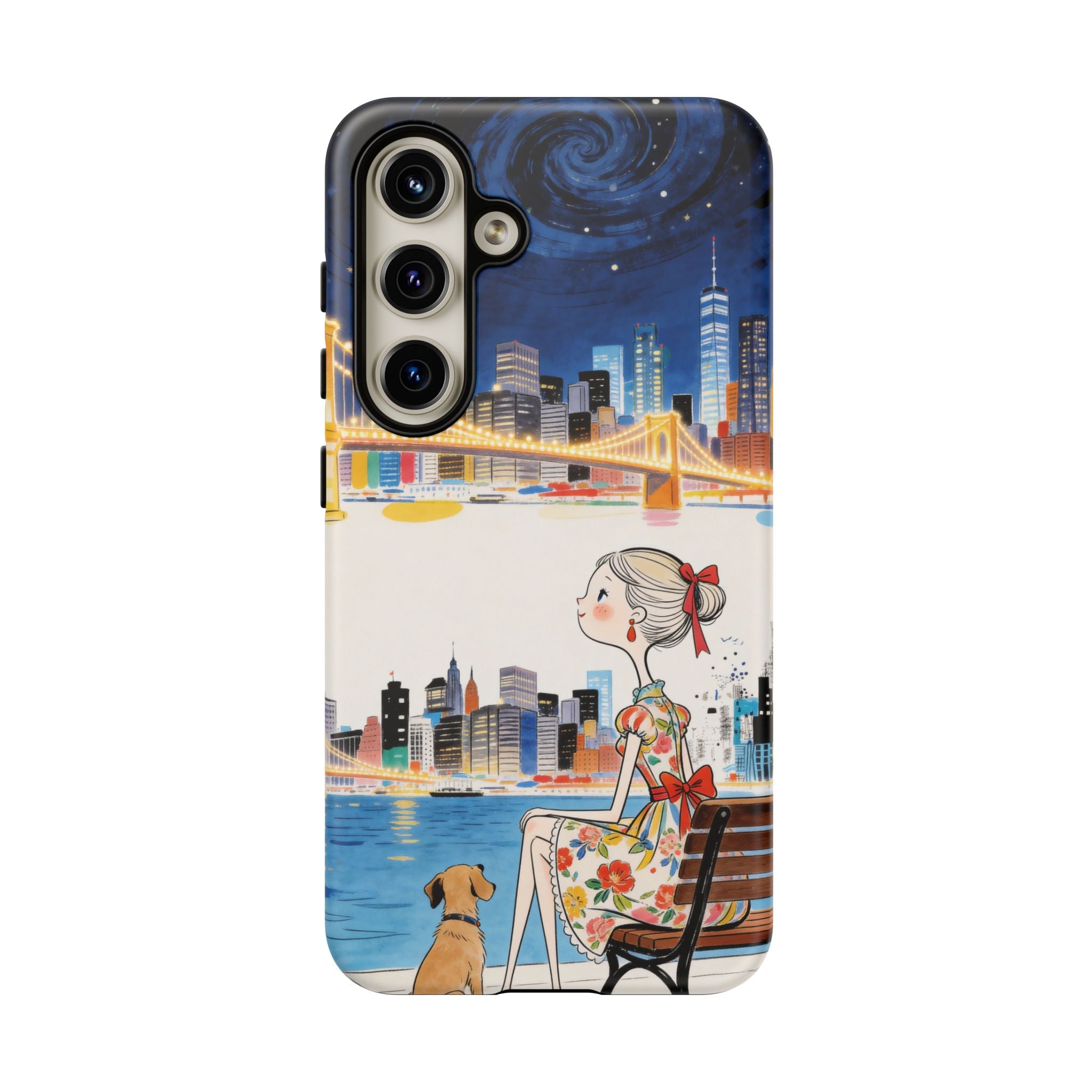 City Night Samsung Galaxy Phone Case | Cute Girl & Dog Bench Illustration