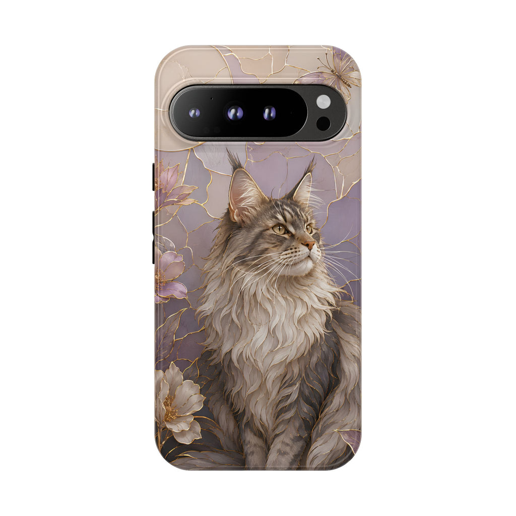 Maine Coon Cat Google Pixel Phone Case | Floral Cat Phone Case
