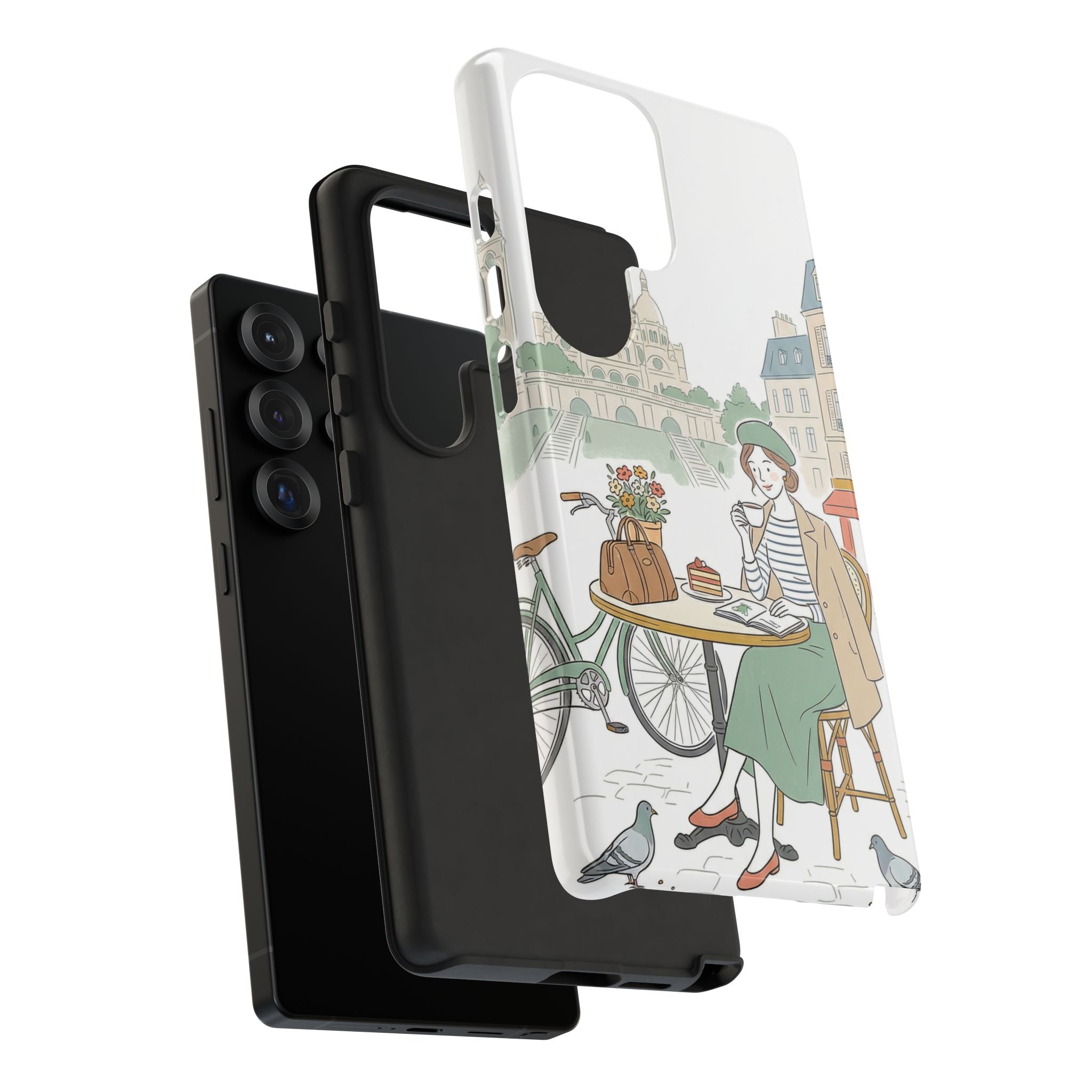 Paris Cafe Illustration Samsung Galaxy Phone Case | Vintage Bicycles & Pigeons Protective Cover