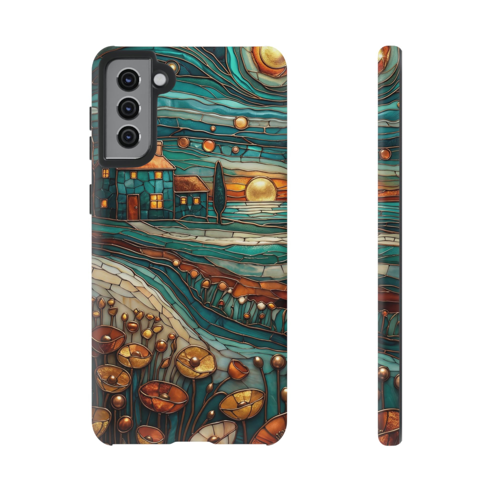 Artistic Sunset Cottage Samsung Galaxy Case | Whimsical Floral Landscape Protective Cover