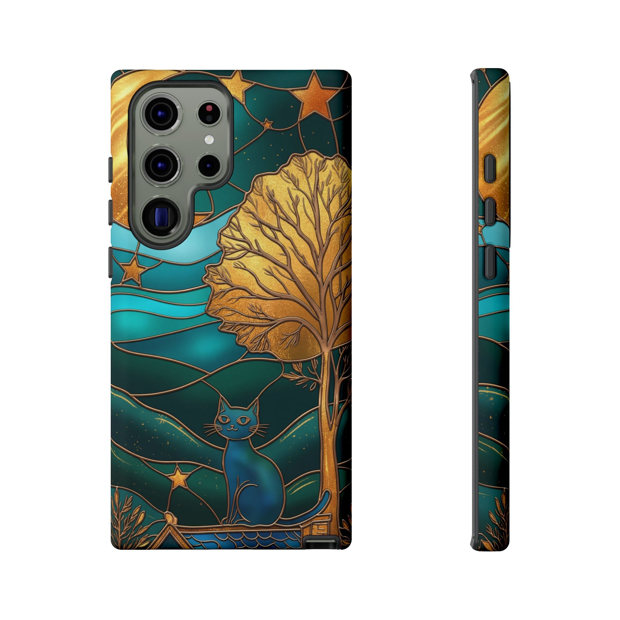 Stained Glass Cat Tough Samsung Galaxy Case | Gold Tree & Starry Night Design