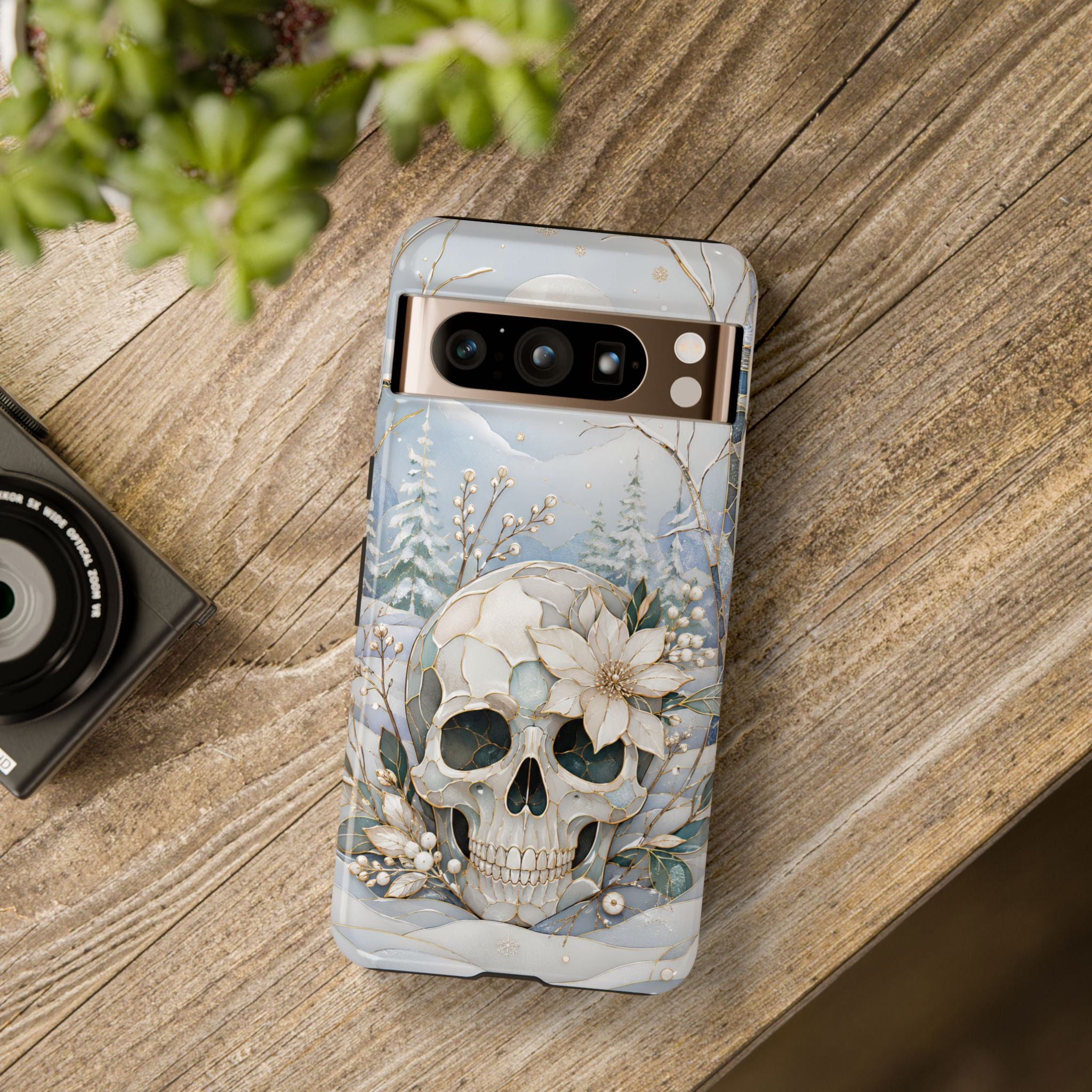 Gothic Skull Google Pixel Phone Case | Winter Floral Phone Case