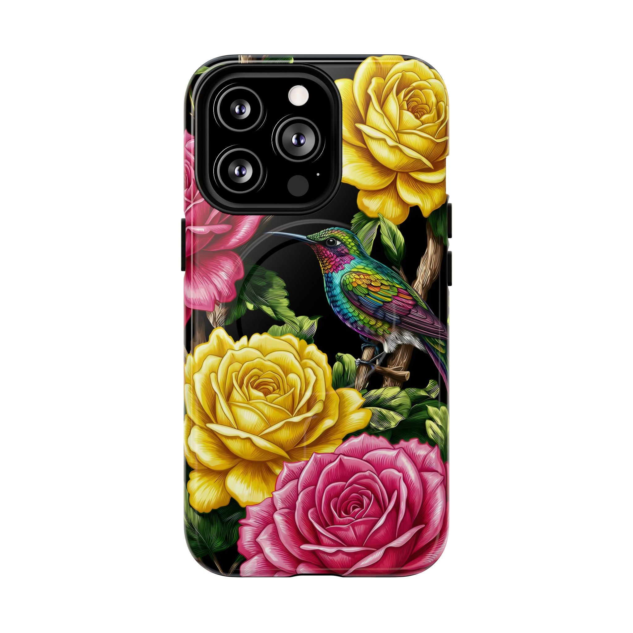 Floral Hummingbird Tough MagSafe iPhone Case | Vibrant Rose & Yellow Garden Protection
