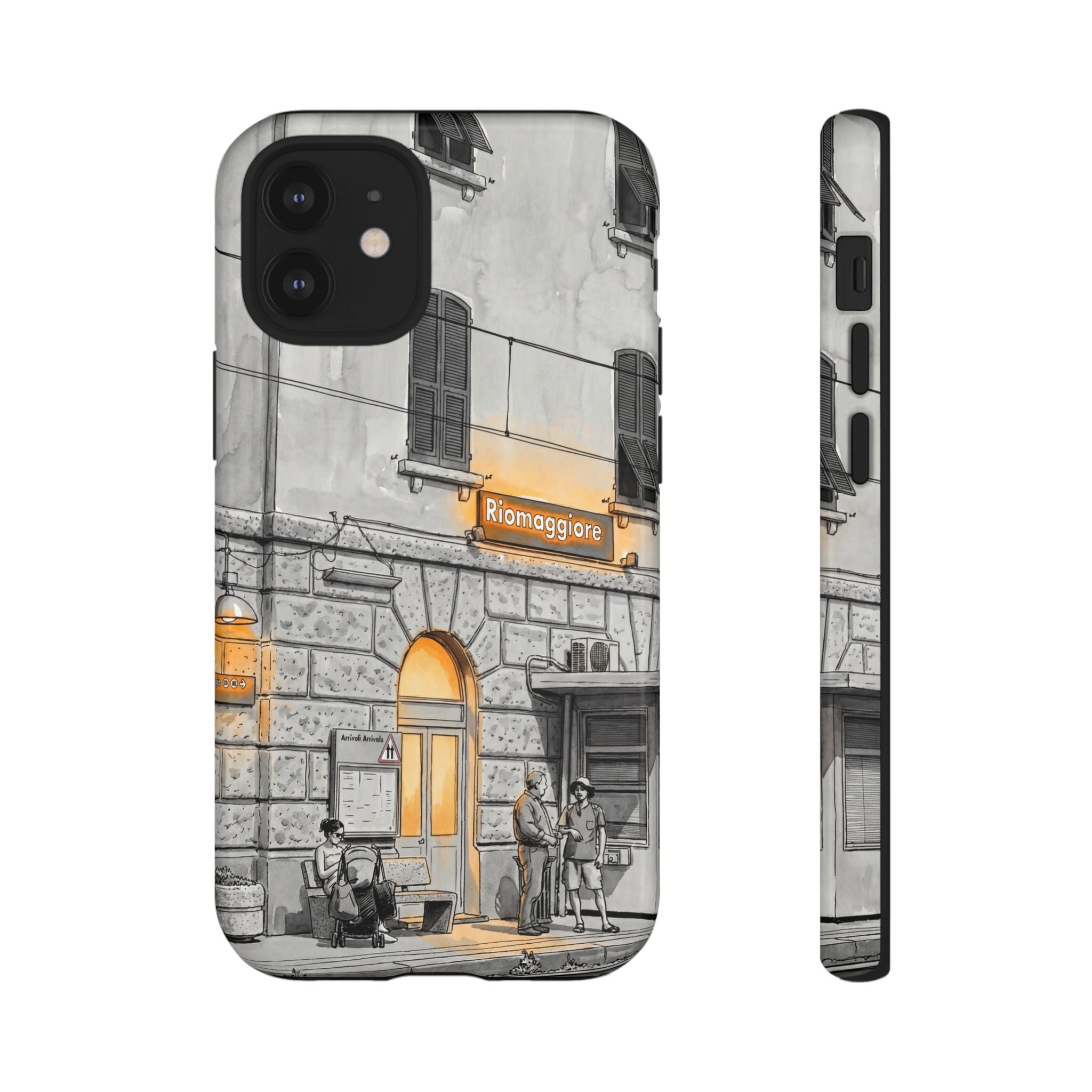 Cinque Terre Train Station iPhone Case | Black & White Sketch with Warm Yellow Accents
