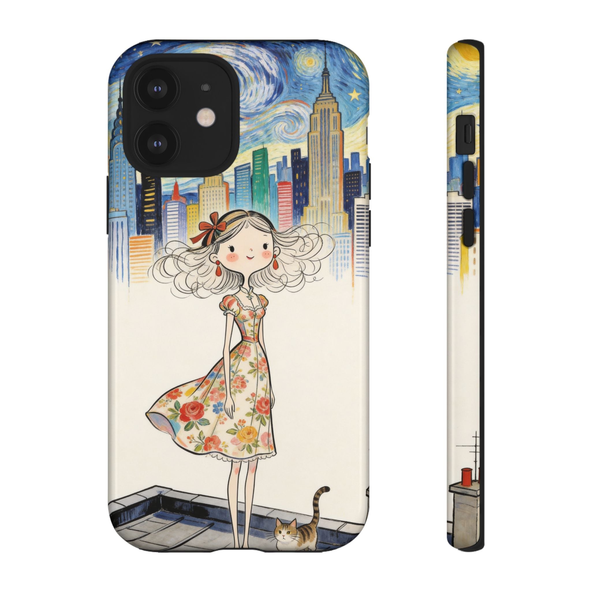 Artistic Girl Cityscape iPhone Case | Cute Floral Dress Rooftop Design