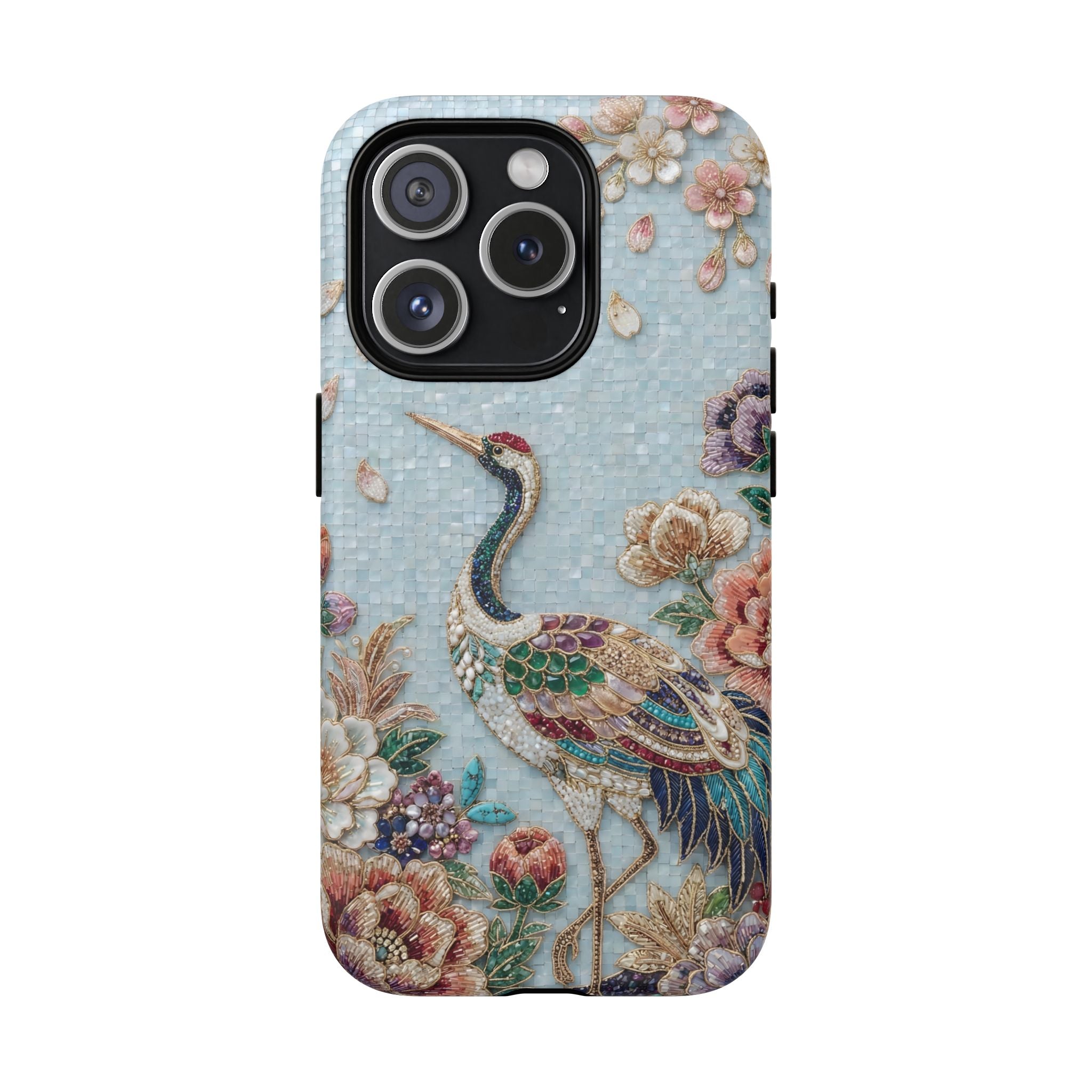 Floral Crane Tough MagSafe iPhone Case | Vintage Embroidered Bird Protection
