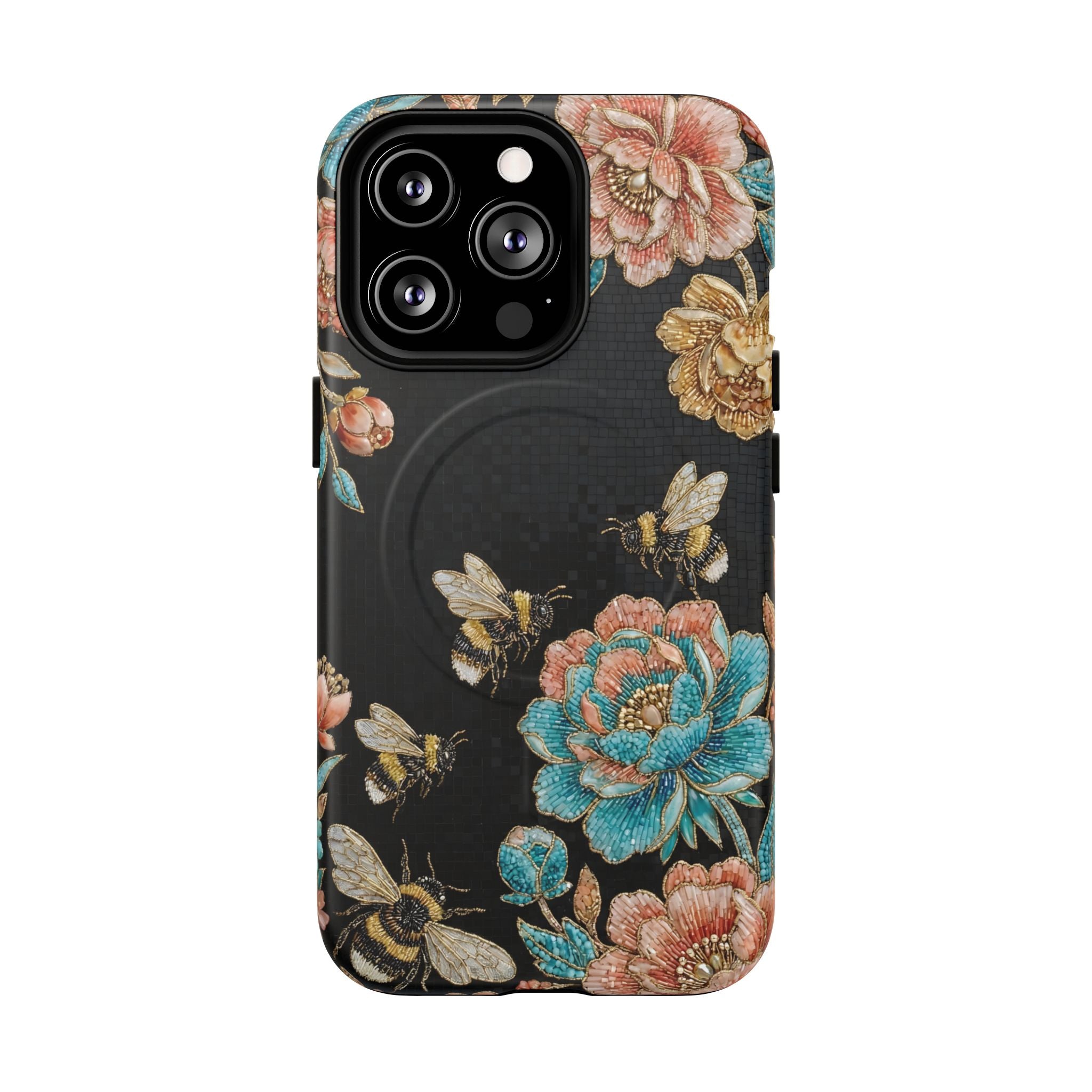 Floral Bees Tough MagSafe iPhone Case | Vintage Rose & Bumblebee Protective Cover