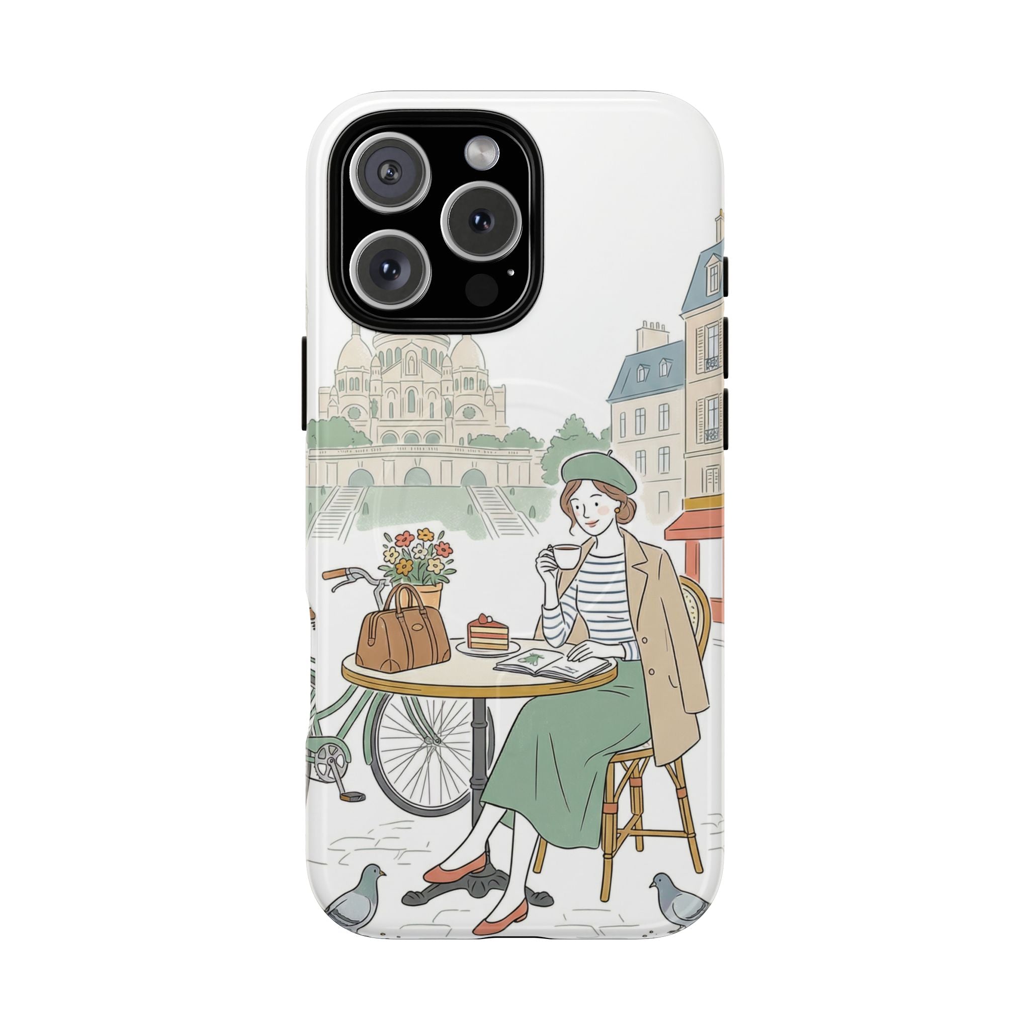 Paris Cafe Illustration MagSafe iPhone Case | Vintage Bicycles & Pigeons Protective Cover