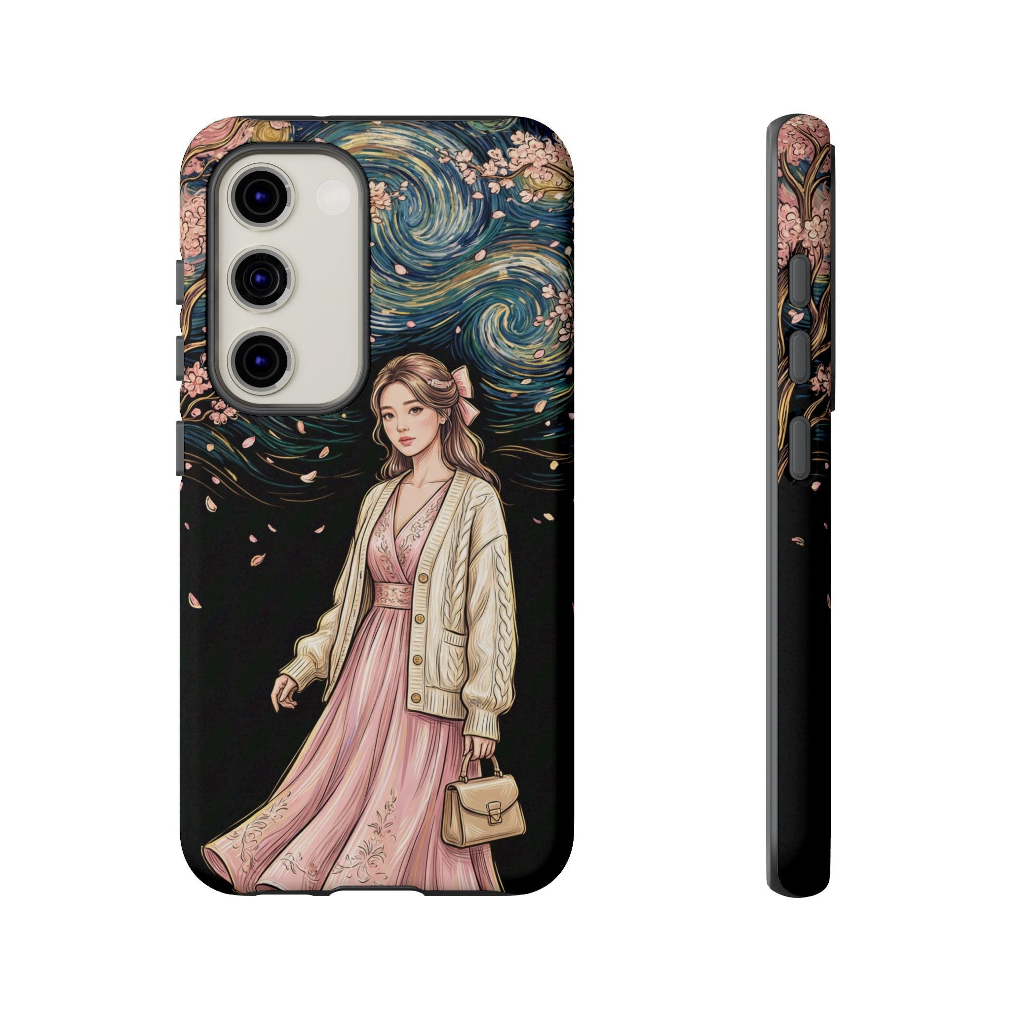 Floral Starry Night Samsung Galaxy Phone Case | Elegant Girl in Pink Dress