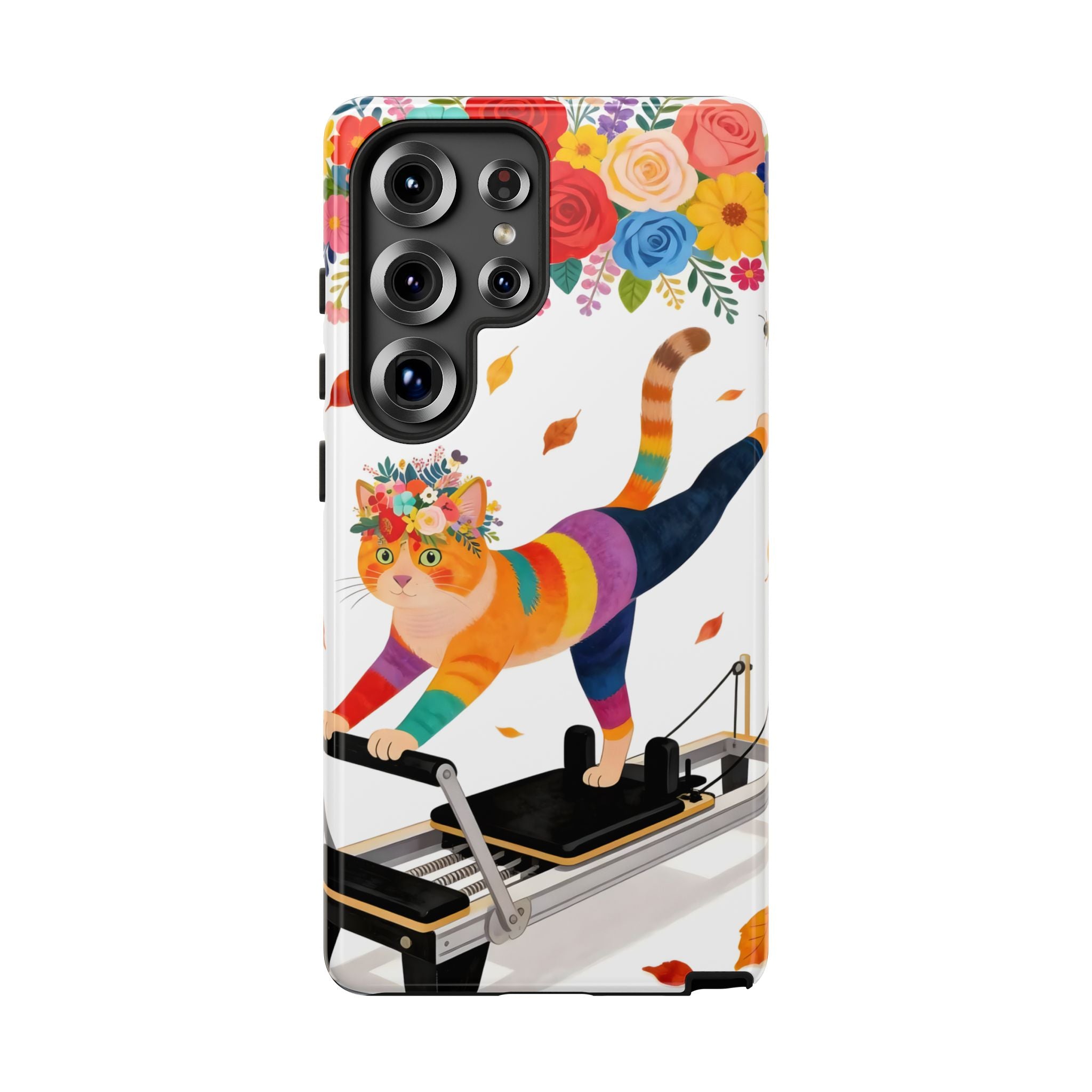 Cat Pilates Samsung Galaxy Phone Case | Floral Rainbow Cat on Reformer
