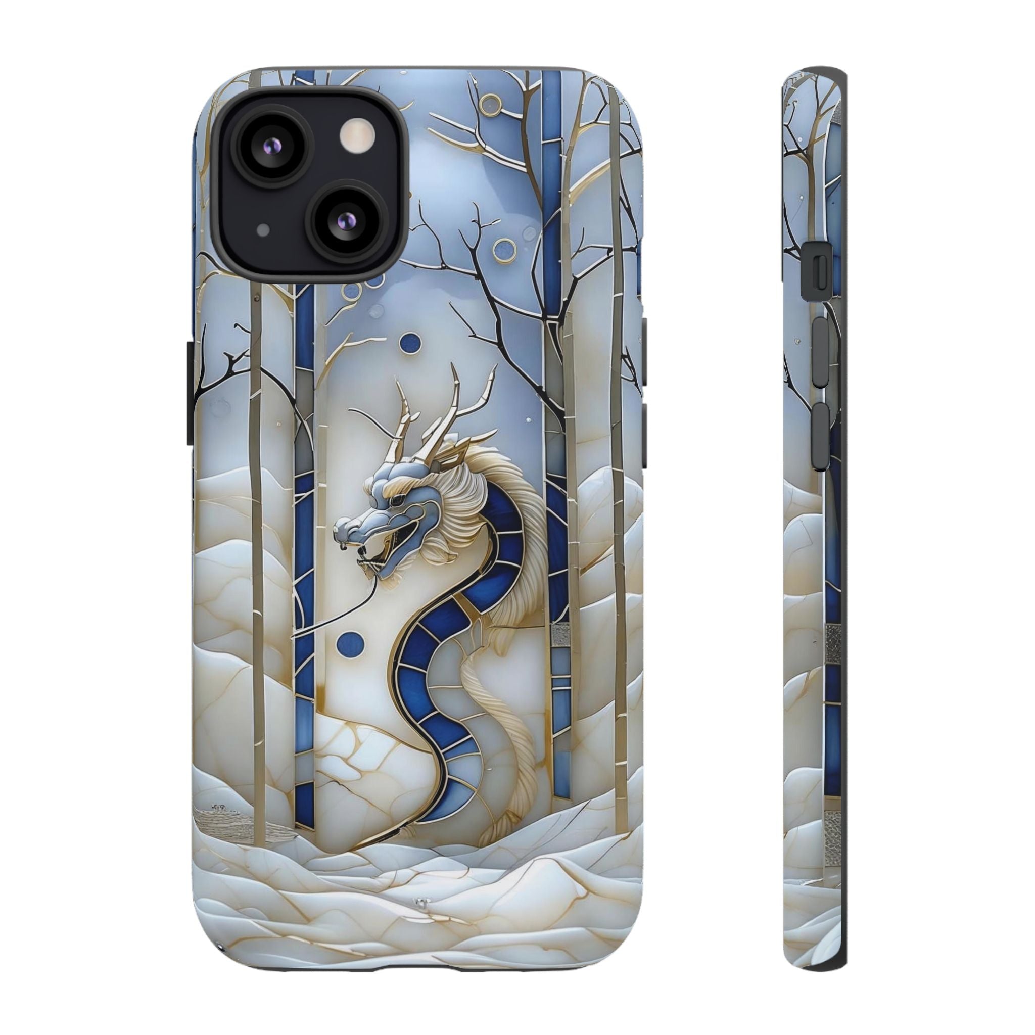 Dragon Stained Glass iPhone Case — Blue Winter Forest Protective Cover