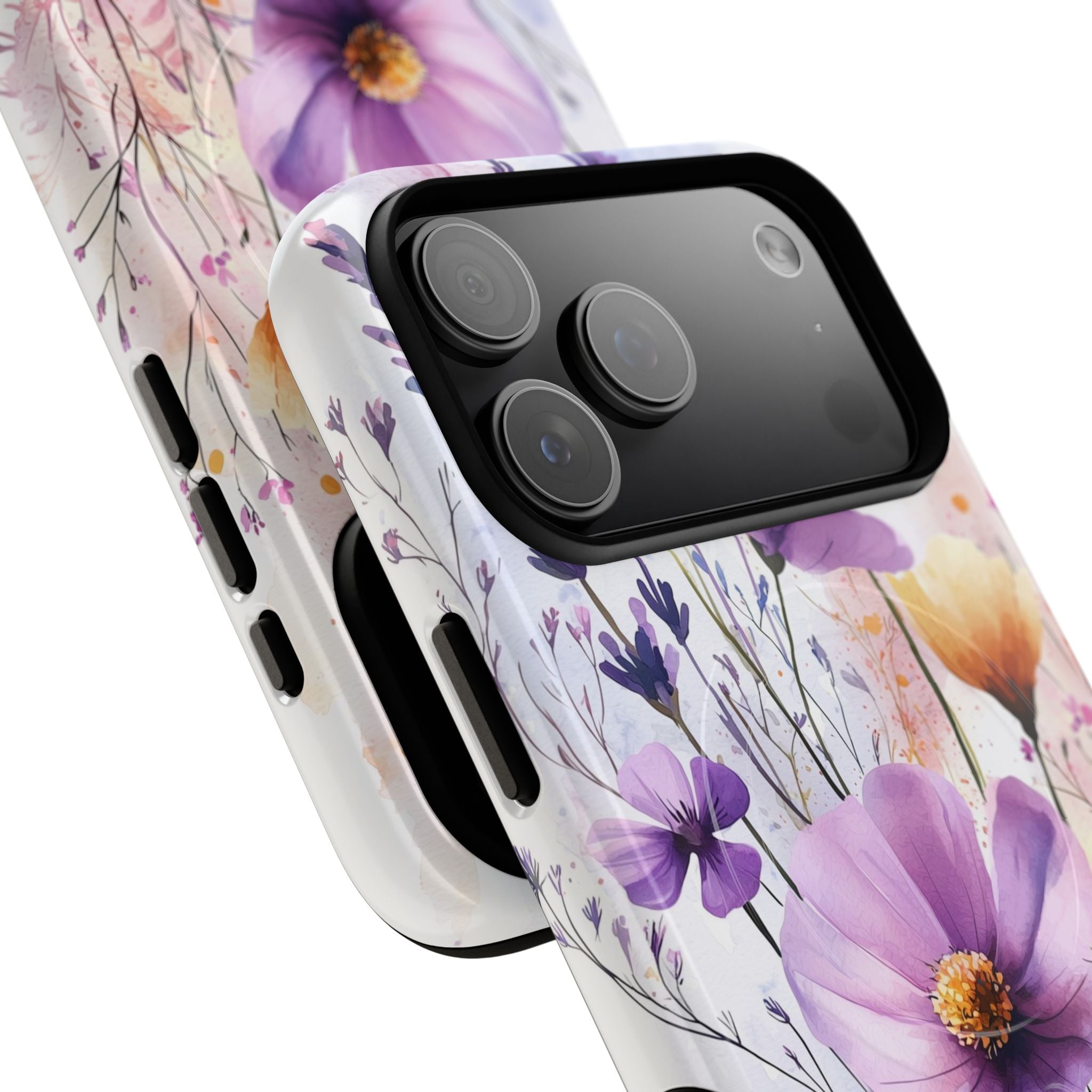 Custodia MagSafe resistente per iPhone con motivo acquerello floreale | Fiori di campo viola e gialli