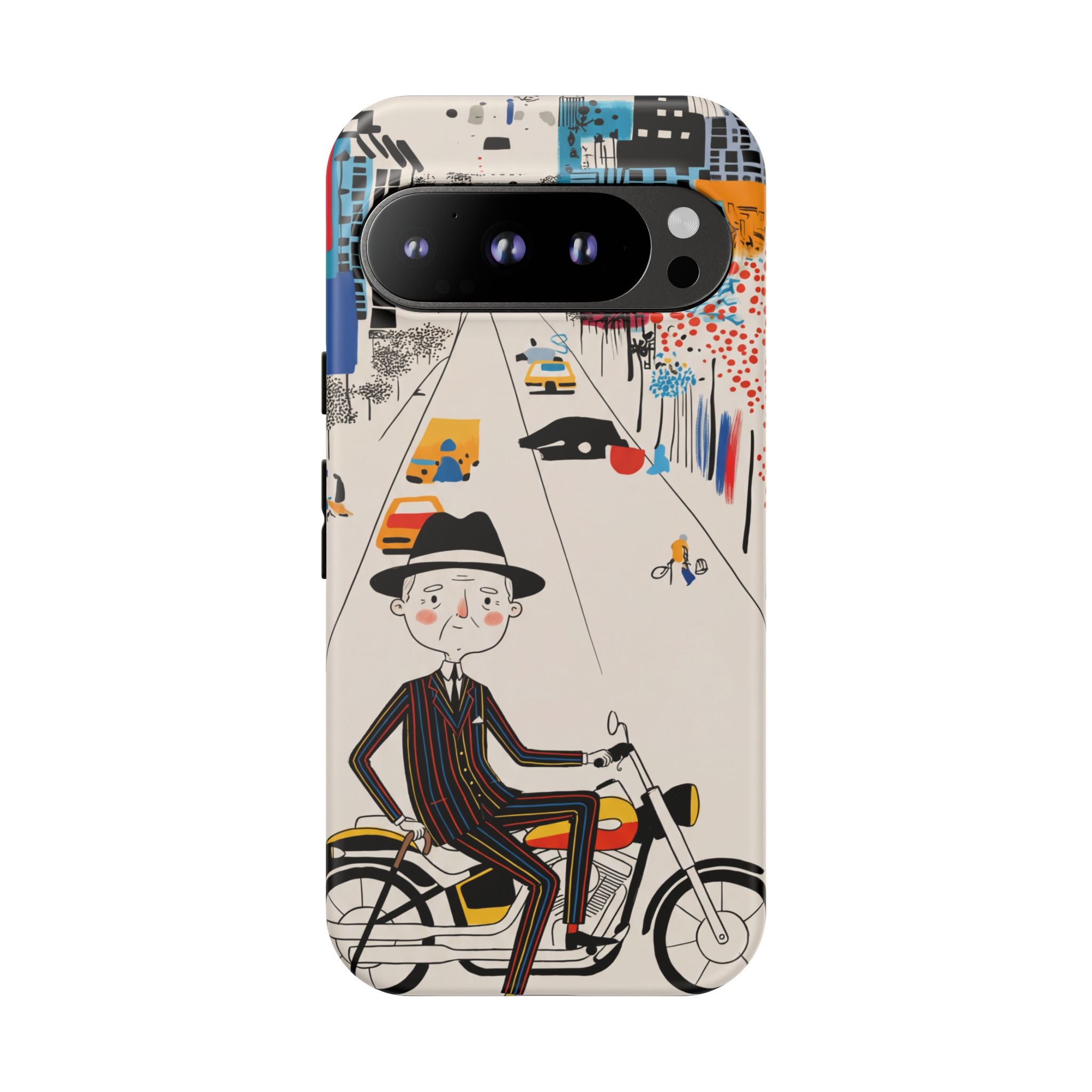 Vintage Grandpa Rider Motorcycle Google Pixel Phone Case | Illustrated Cityscape