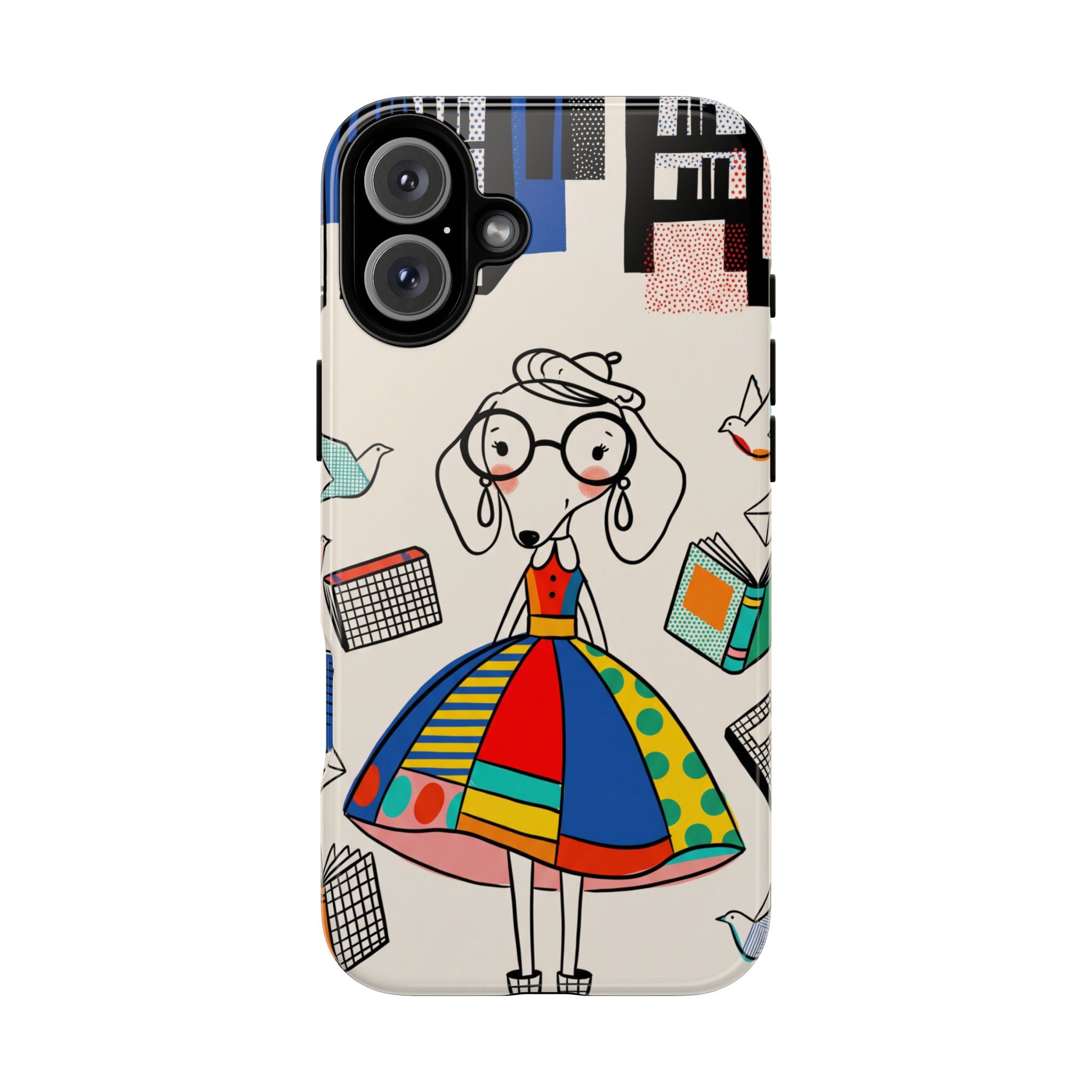 Cute Dachshund Dog Illustration iPhone Case | Colorful Whimsical Book & Bird Design