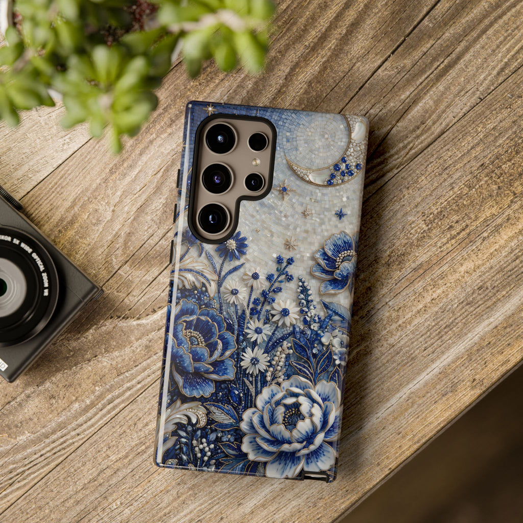 Blue Floral Moon Samsung Galaxy Phone Case | Vintage Botanical Night Sky Protective Case