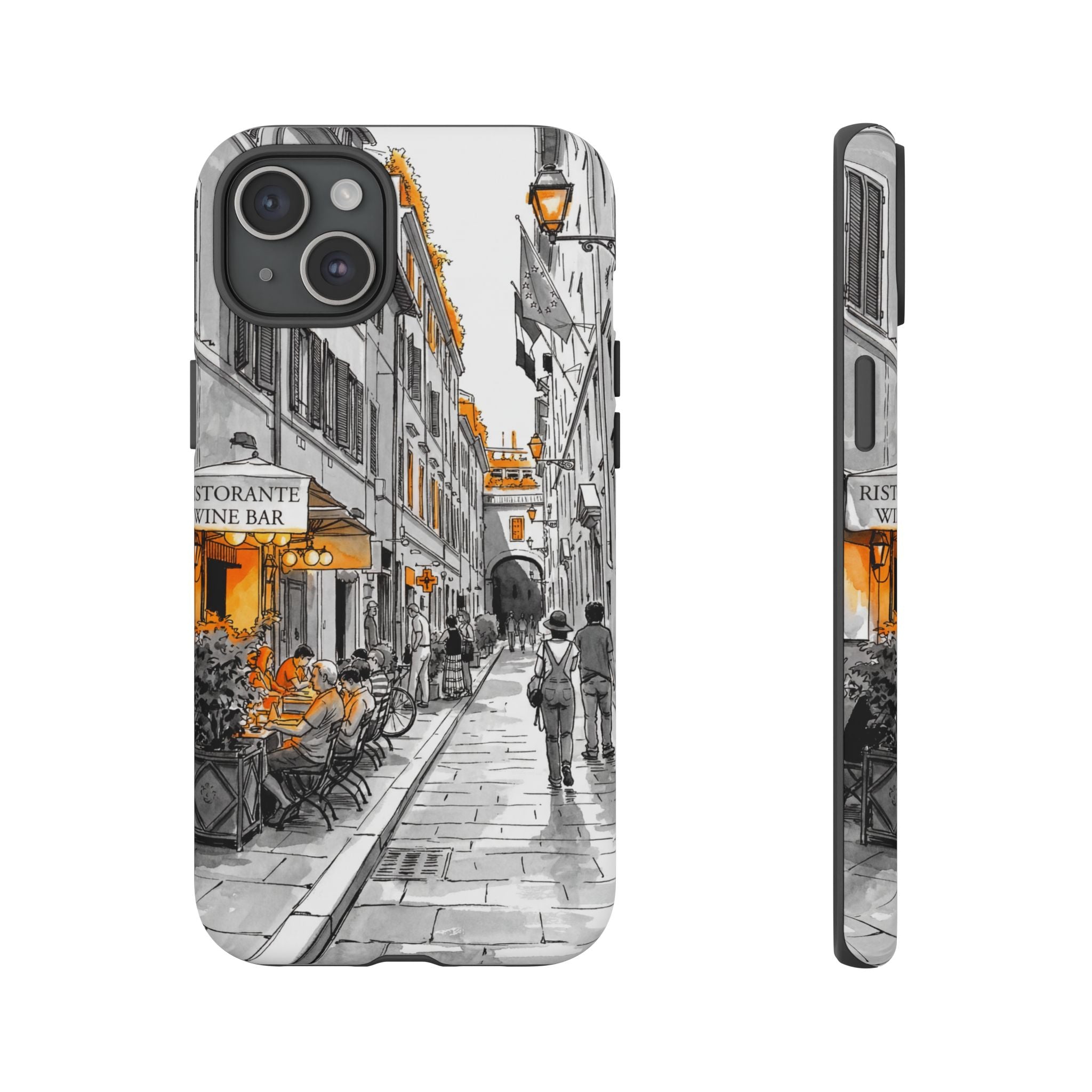 Vintage Italy Street iPhone Case | Black & White Sketch with Orange Accent