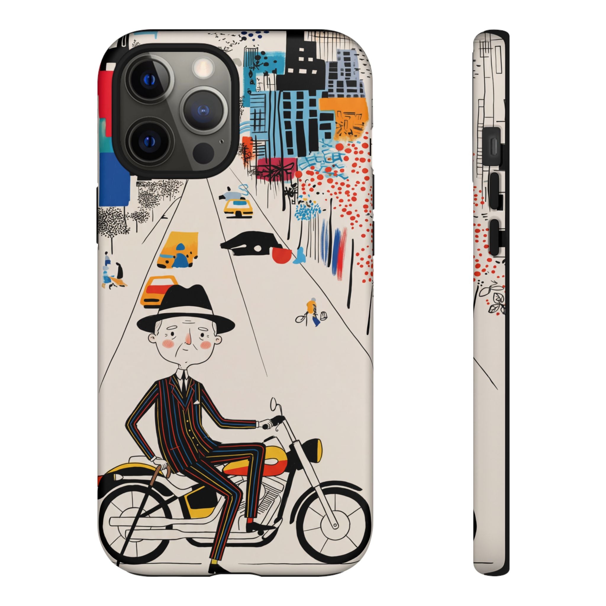 Vintage Grandpa Rider Motorcycle iPhone Case | Illustrated Cityscape