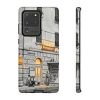 Custodia per Samsung Galaxy con stazione ferroviaria Cinque Terre | Schizzo in bianco e nero con accenti gialli caldi