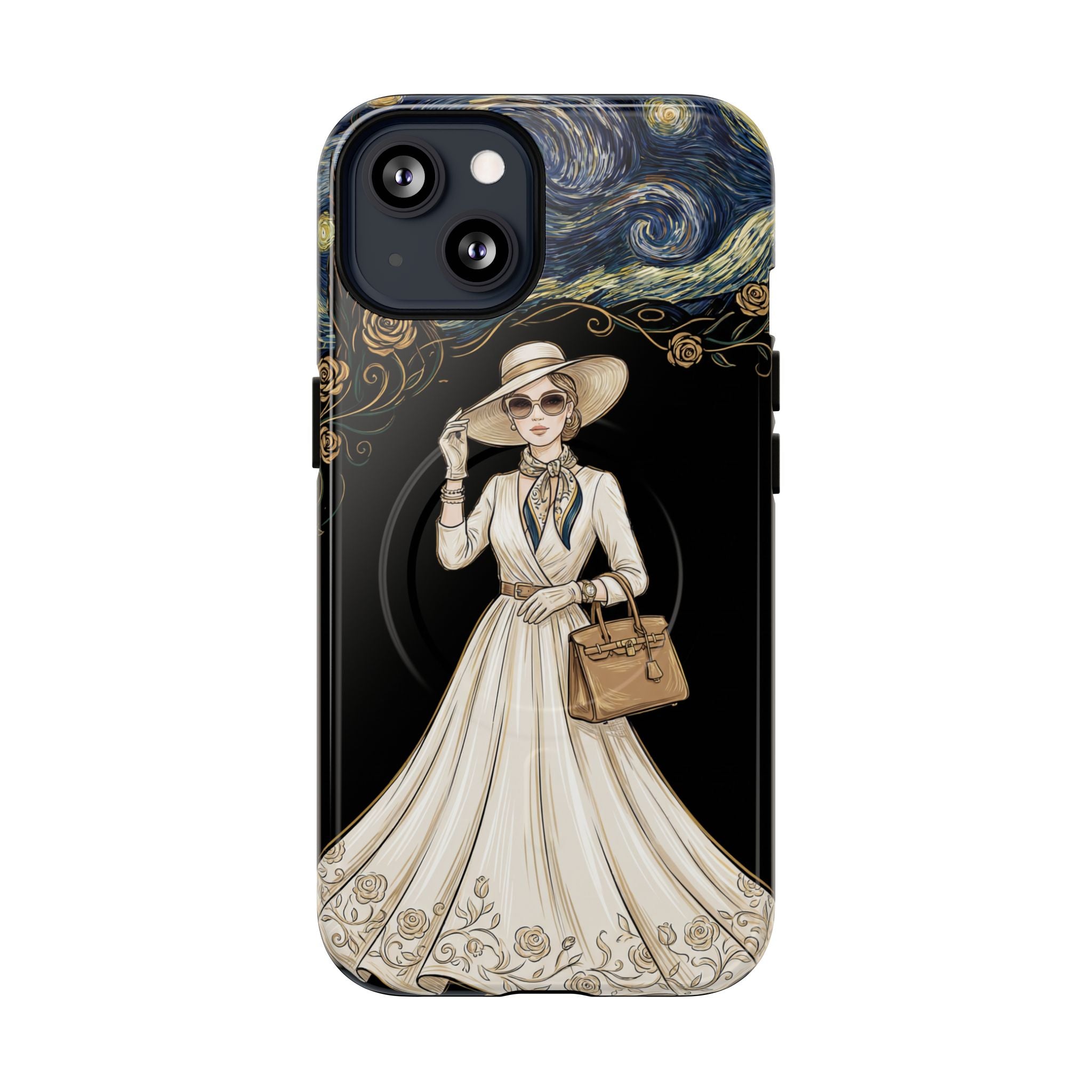 Vintage Starry Night Fashion MagSafe iPhone Case | Elegant Lady in White Dress