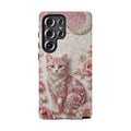 Custodia per telefono Samsung Galaxy con gatto floreale vintage | Cover per telefono con luna rosa e rose