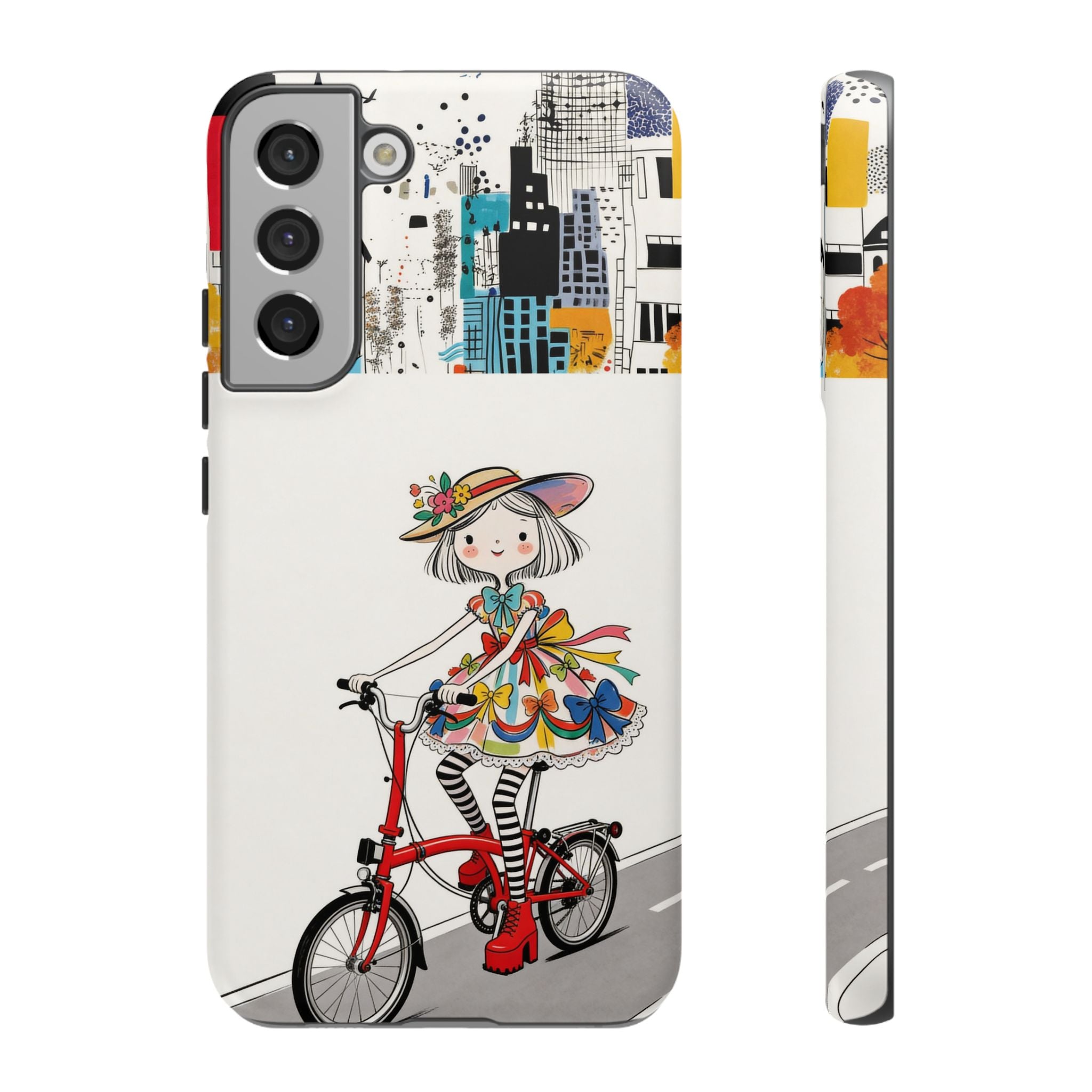 Whimsical Girl on Brompton Bicycle Urban Illustration Samsung Galaxy Phone Case