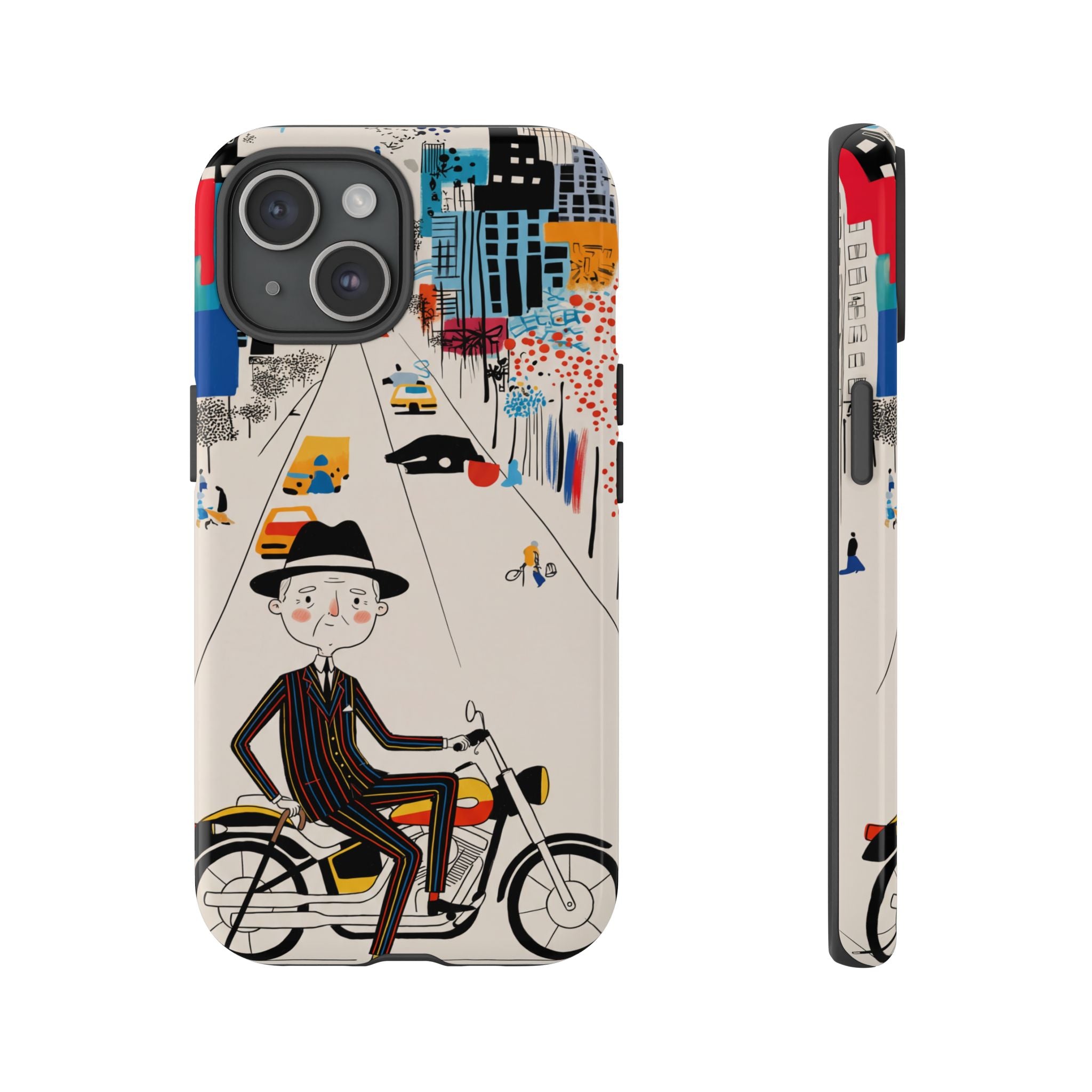 Vintage Grandpa Rider Motorcycle iPhone Case | Illustrated Cityscape