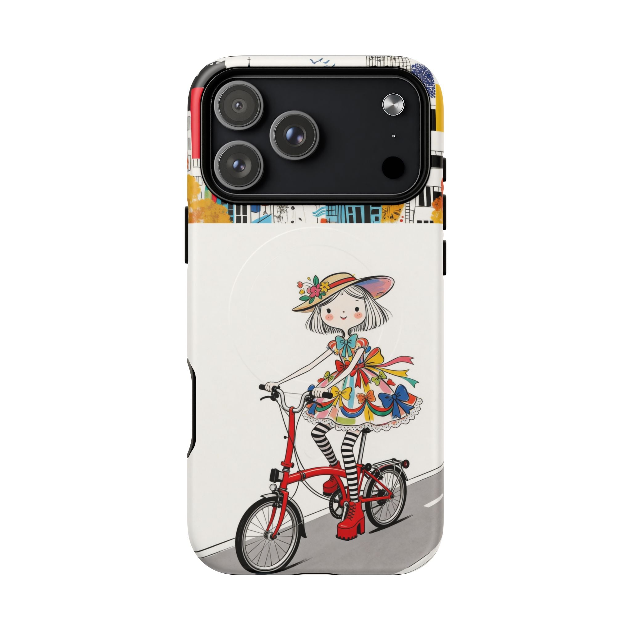 Whimsical Girl on Brompton Bicycle Urban Illustration MagSafe iPhone Case