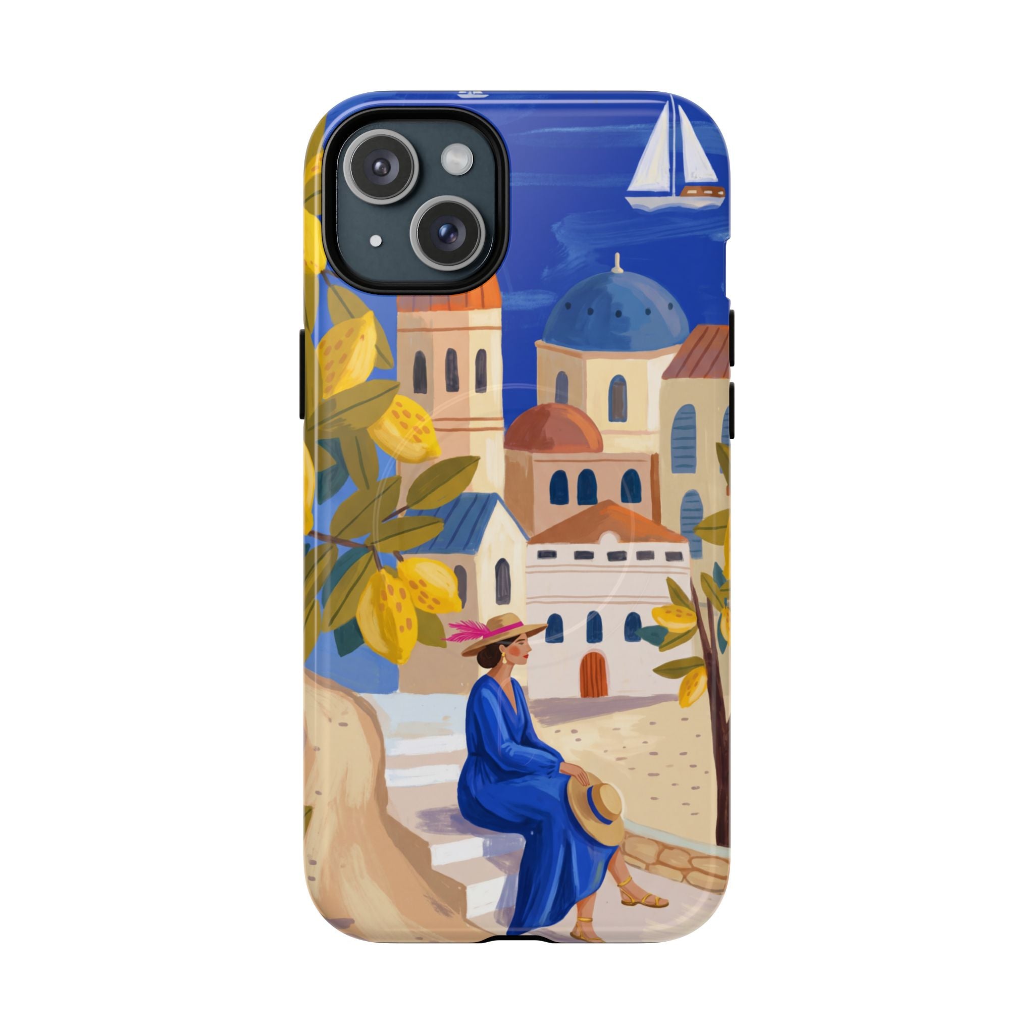 Mediterranean Village MagSafe iPhone Case | Scenic Sailboat & Lemon Grove Design