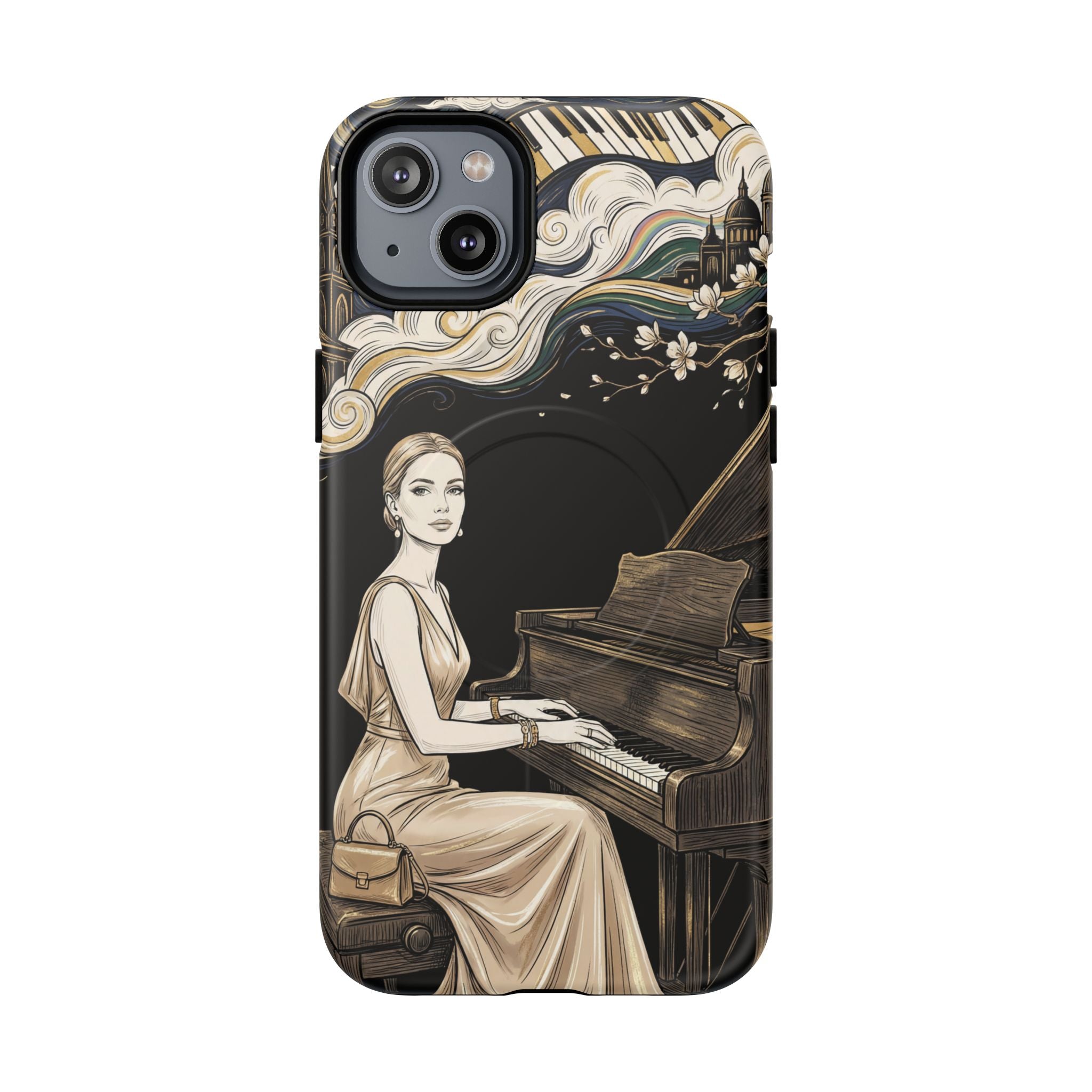 Elegant Piano Woman MagSafe iPhone Case | Vintage Art Deco Music Design