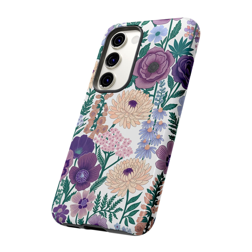 Floral Purple Garden Phone Case — Protective Phone Cover with Lavender & Peach Blooms