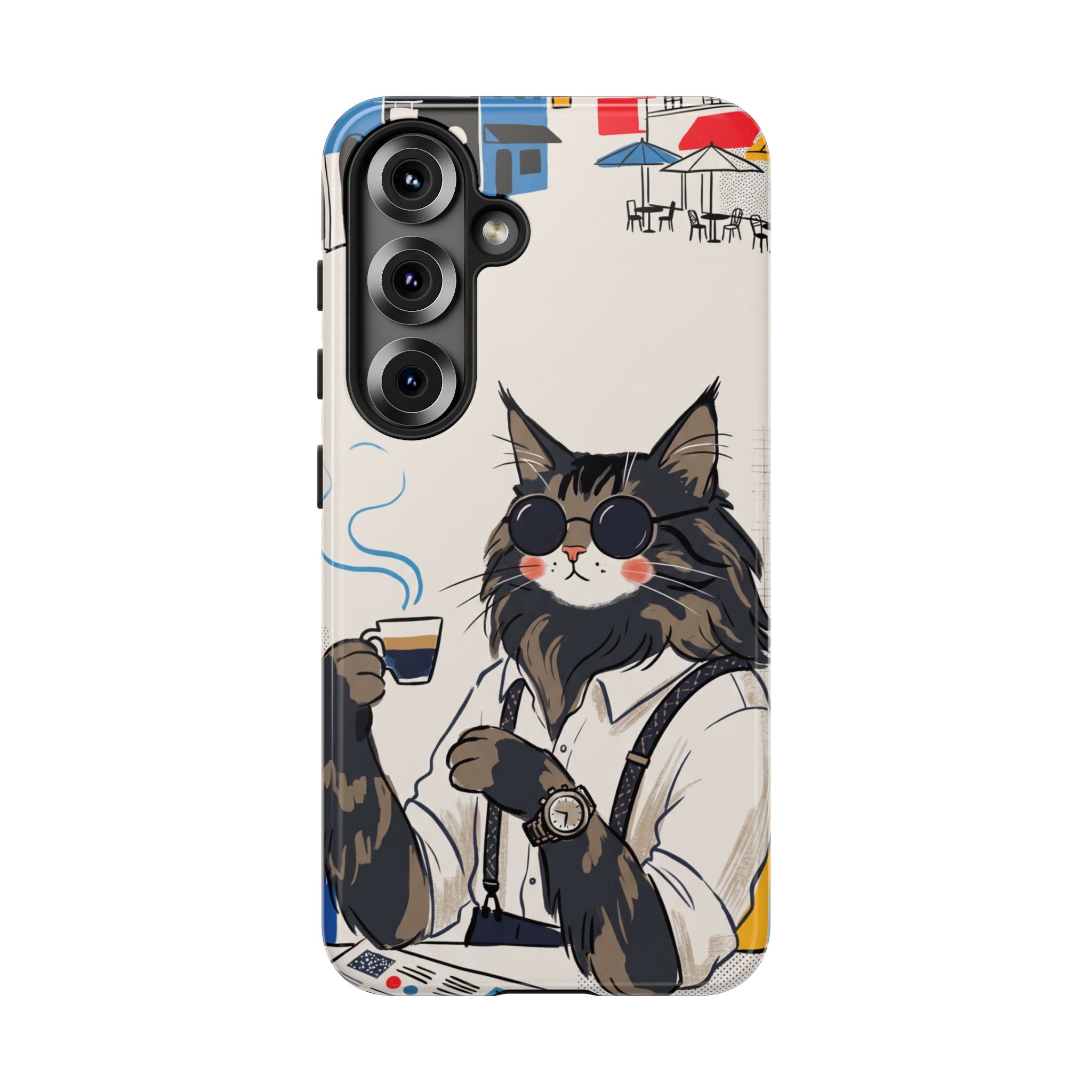 Cat Barista Samsung Galaxy Phone Case | Cool Cat in Sunglasses Coffee Shop Design