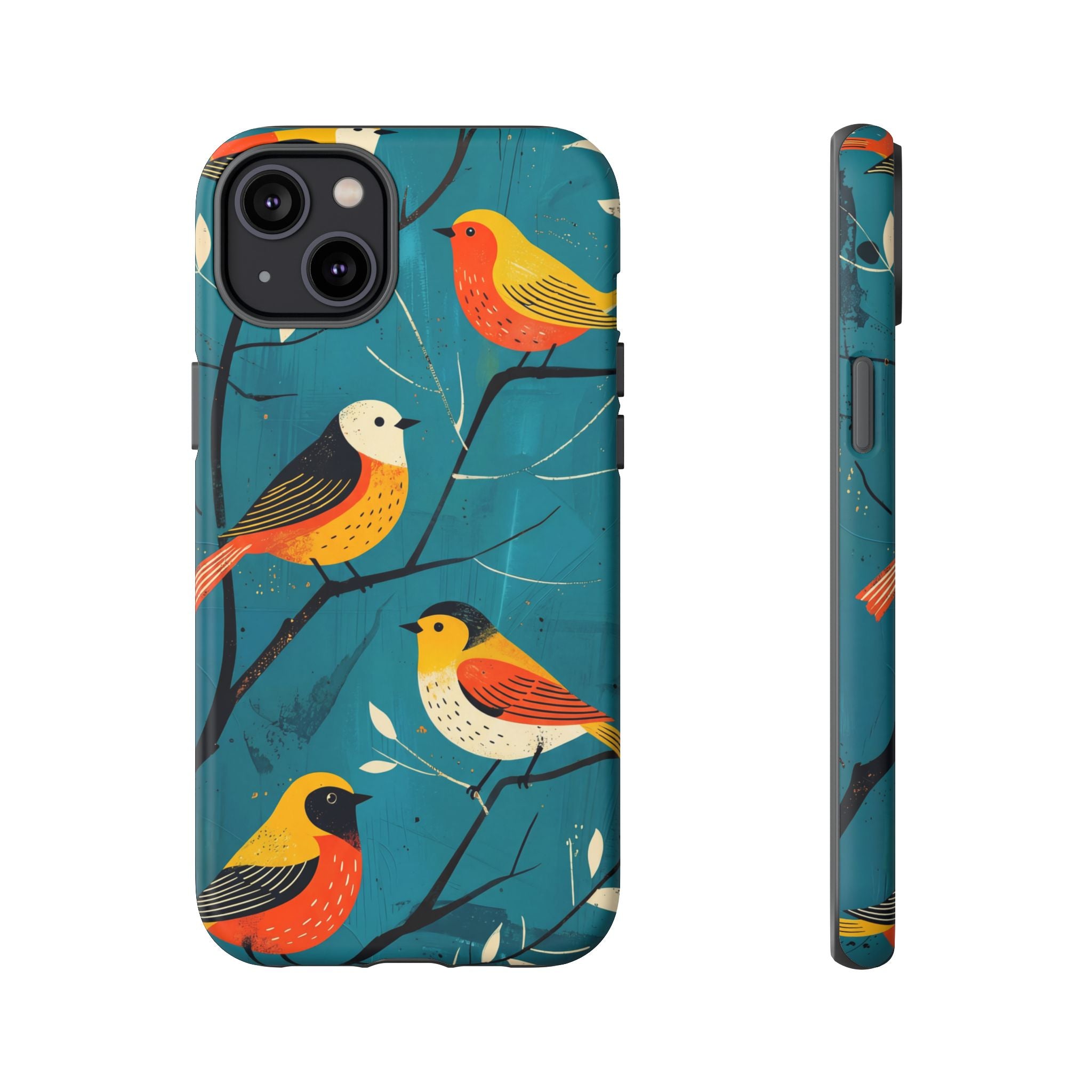 Bird Pattern Tough iPhone Case | Colourful Songbirds on Teal Background