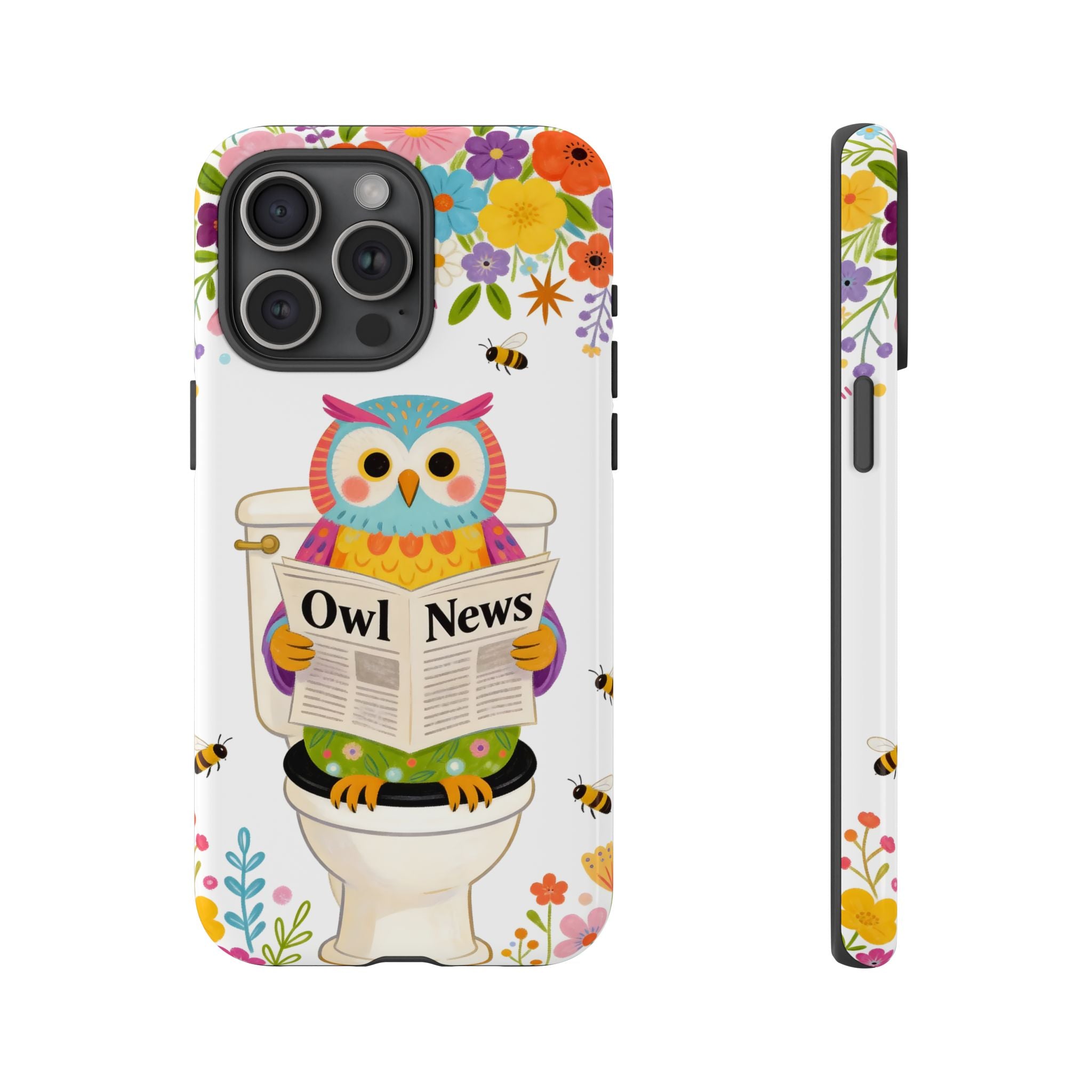 Owl News Floral iPhone Case | Cute Owl Reading Newspaper on Toilet