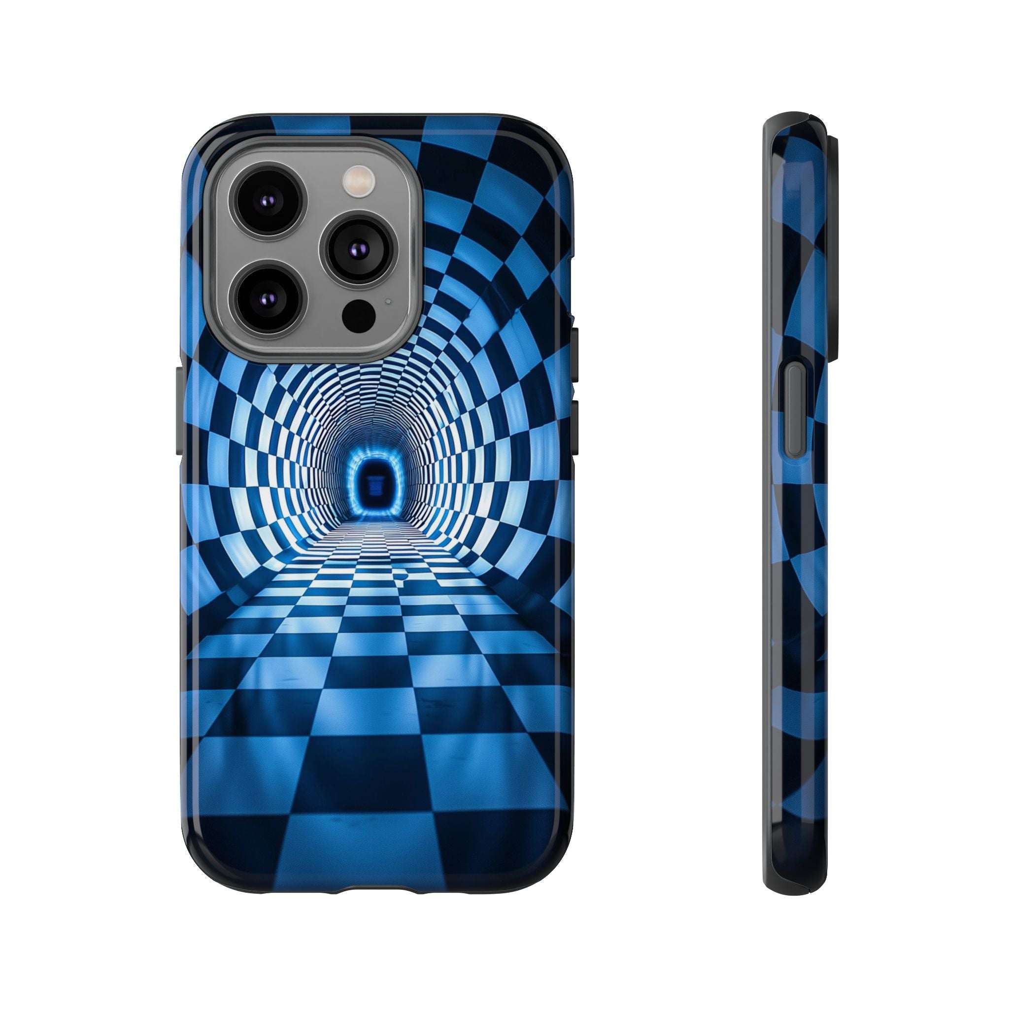 Blue Checkered Tunnel iPhone Case — 3D Optical Illusion Tough Case