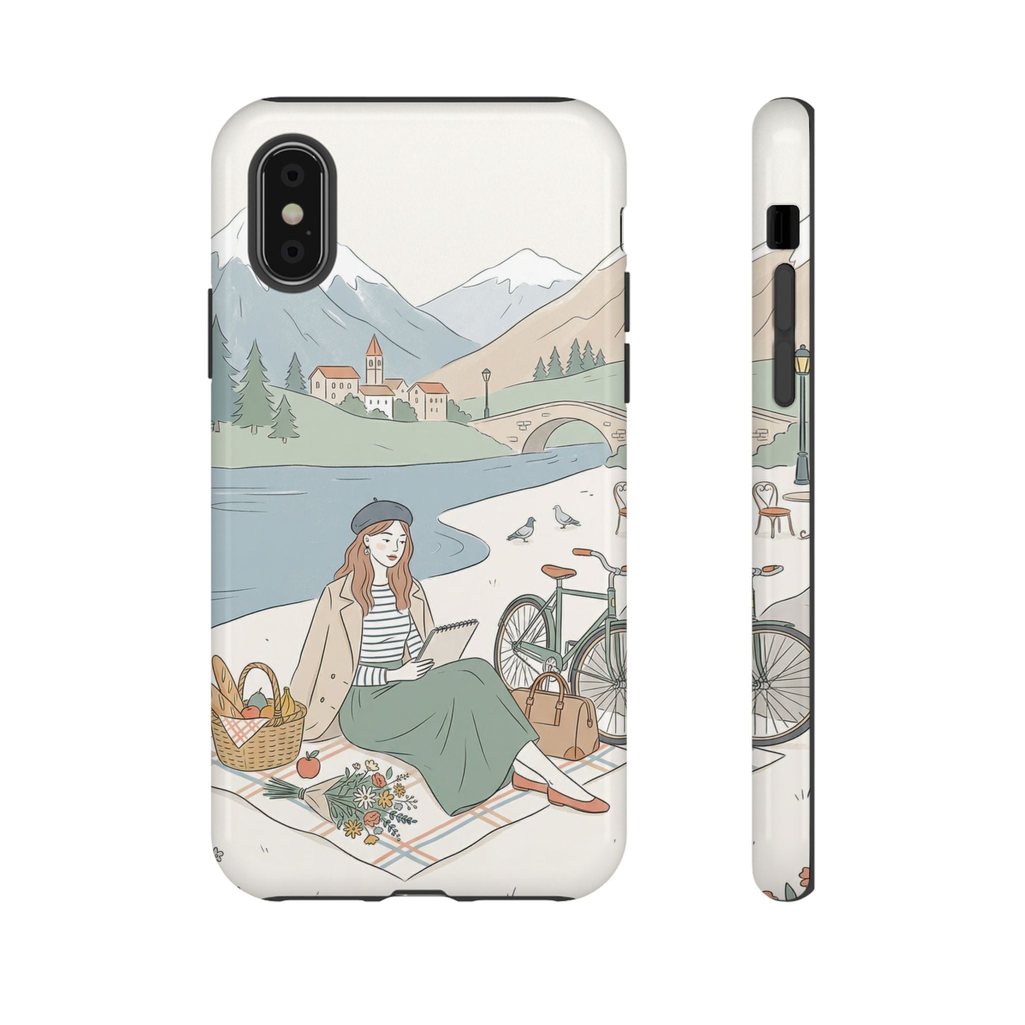 Scenic Picnic iPhone Case | Vintage Bicycle & Mountain Illustration