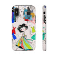 Retro Fashion Cat Girl iPhone Case | Cute Dress & City Print