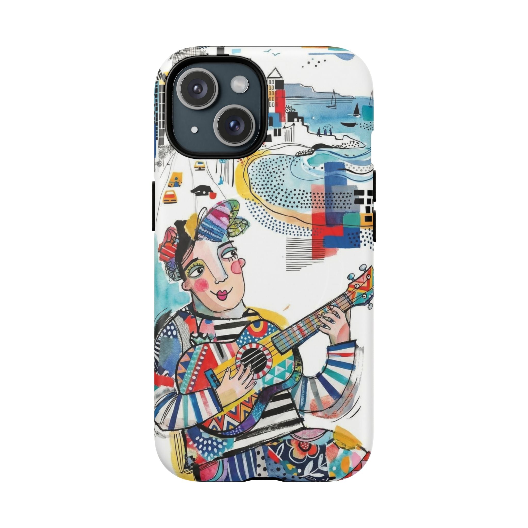 Artistic Musician MagSafe iPhone Case | Colorful Guitar Cityscape Tough Case