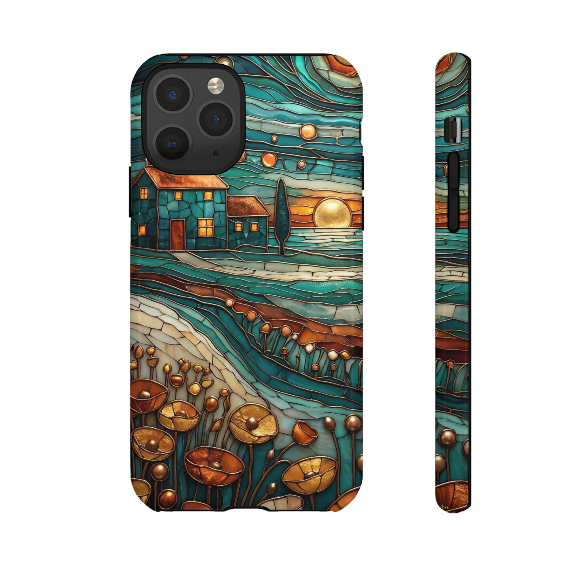 Artistic Sunset Cottage iPhone Case | Whimsical Floral Landscape Protective Cover
