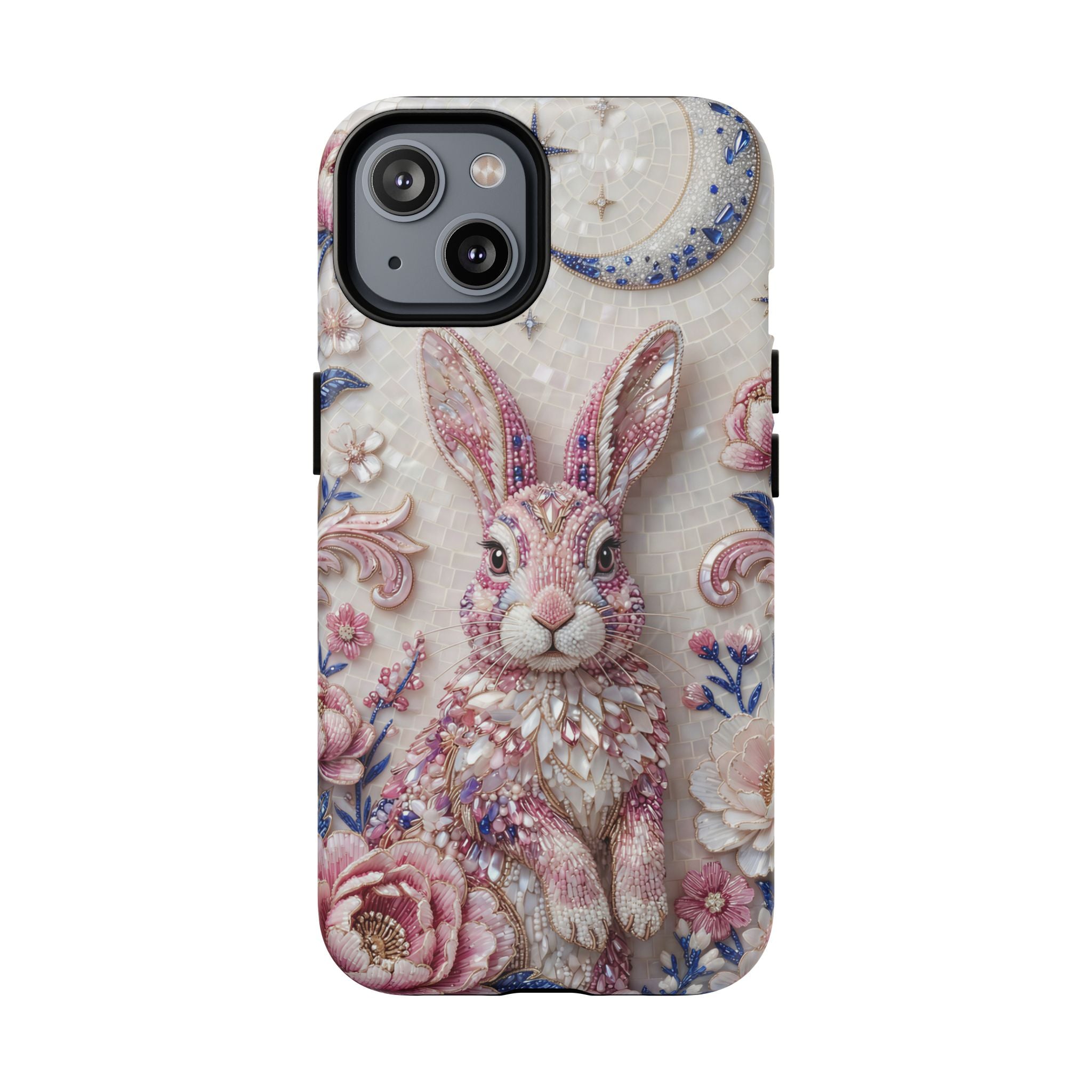 Floral Moon Rabbit Tough MagSafe iPhone Case | Pink Boho Bunny Protective Cover